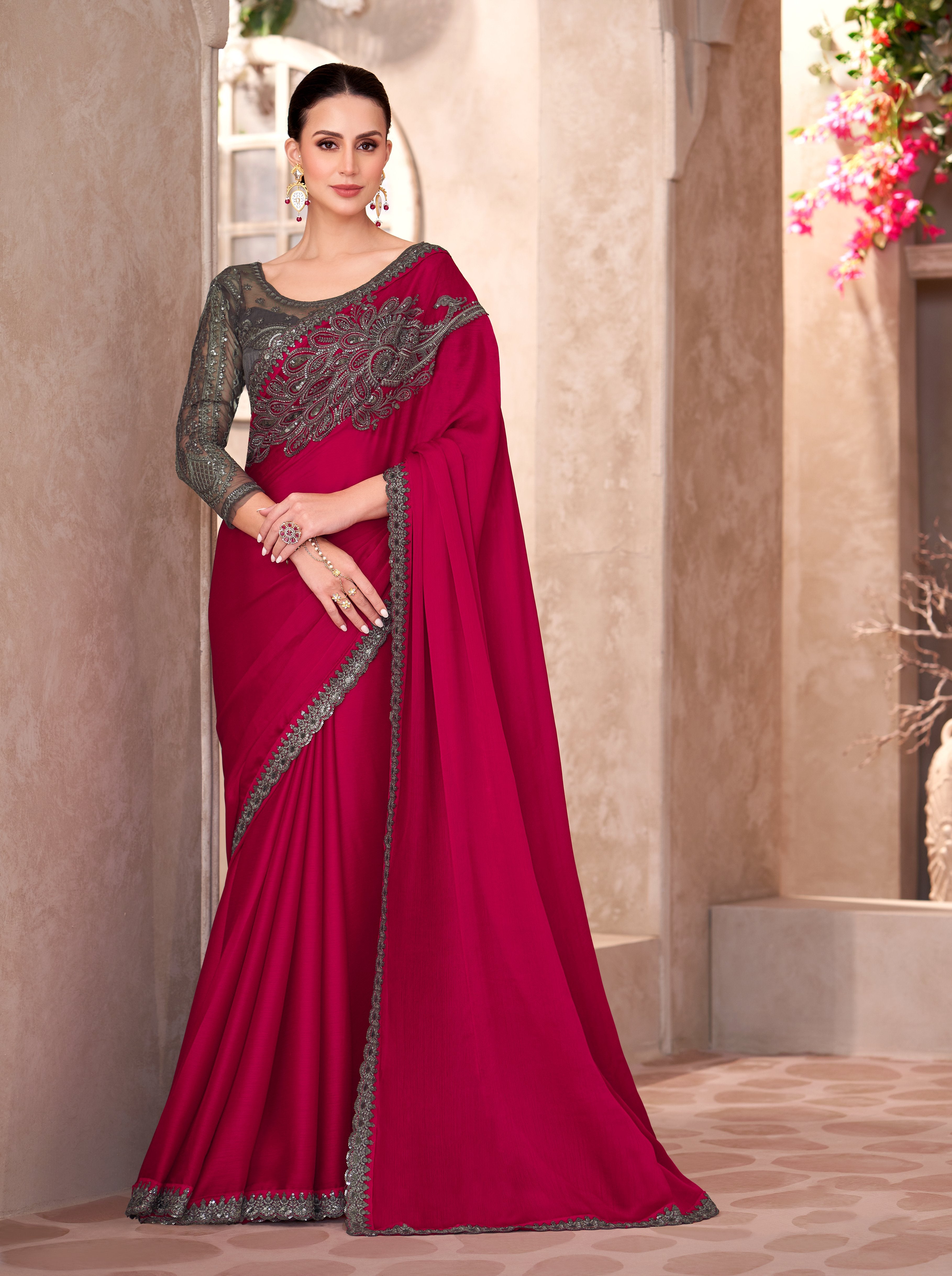 Cherry Red Pure Chiffon Linen Work Saree