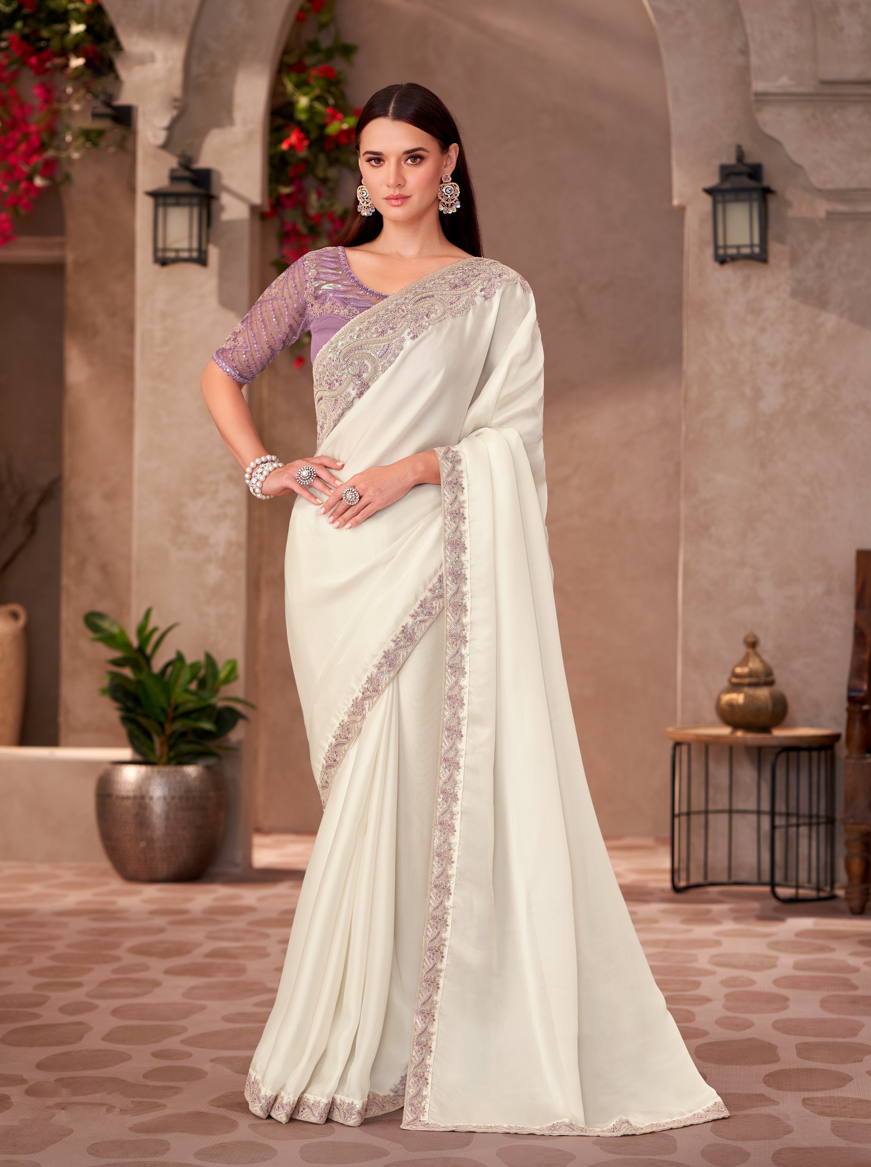 Pearl White Shining Georgette Linen Work Saree