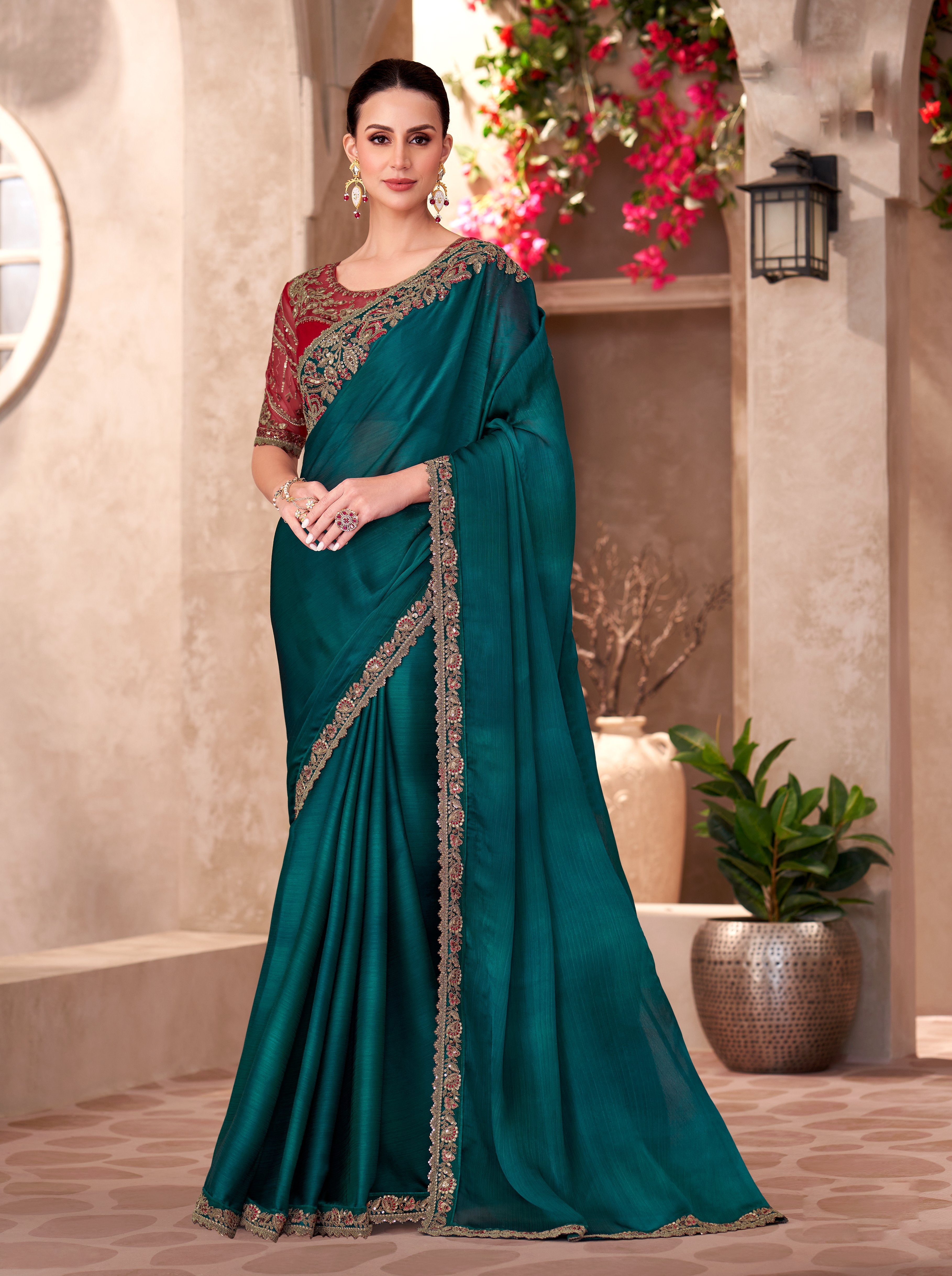 Teal Green Chiffon Georgette Work Saree