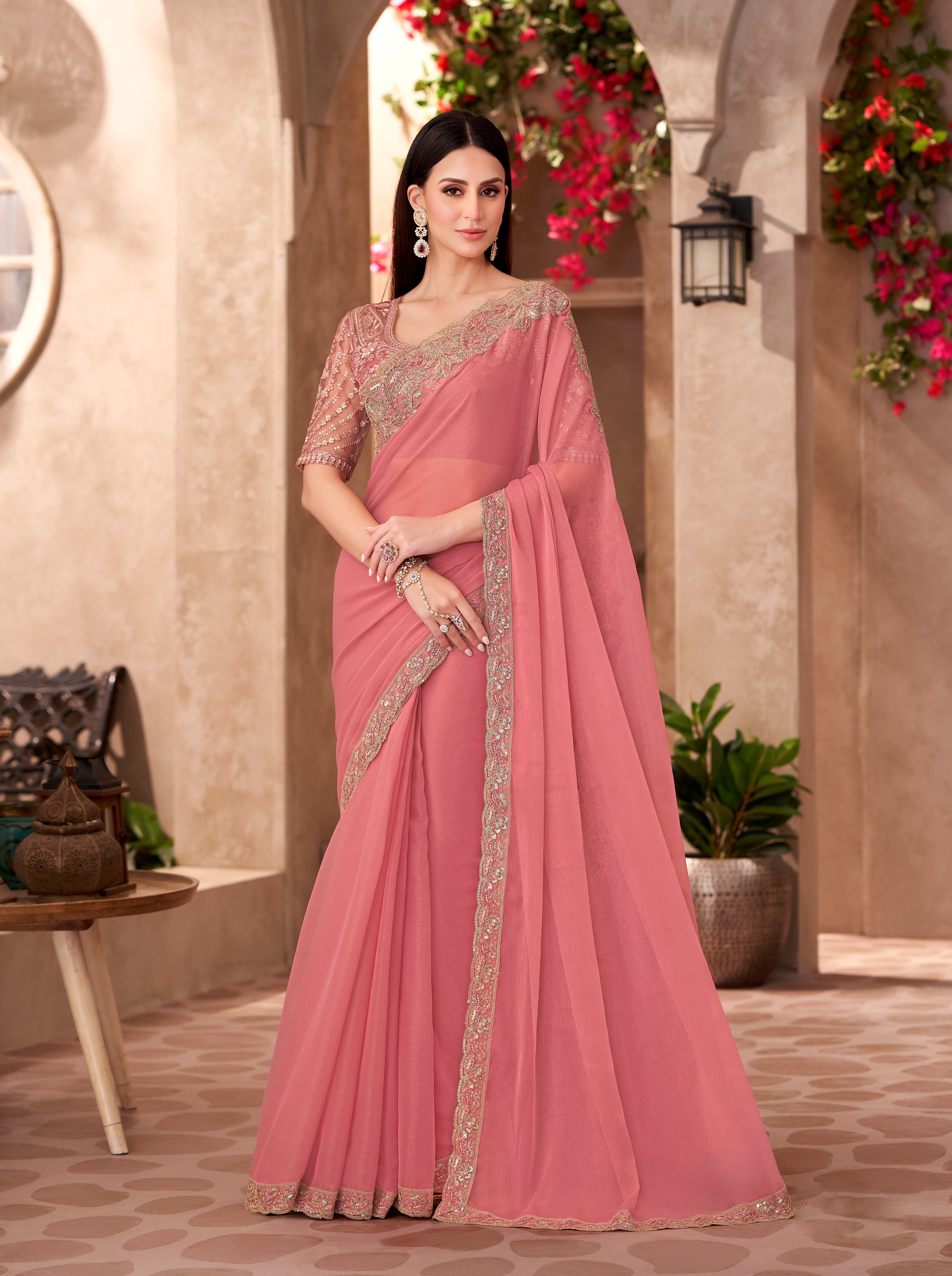 Peach Georgette  Work Saree