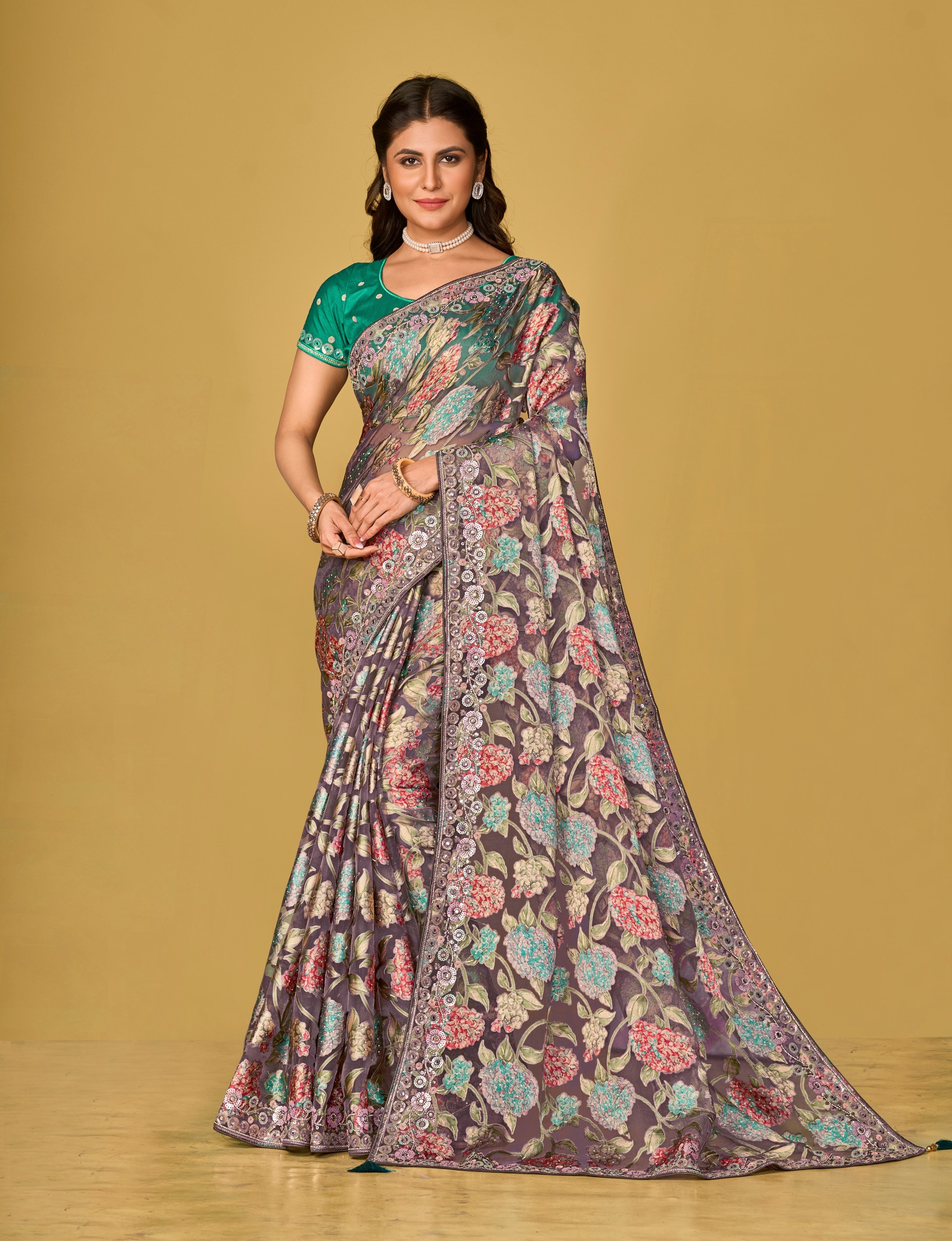 Mauve Pink Soft Organza Brasso Embroidery Saree