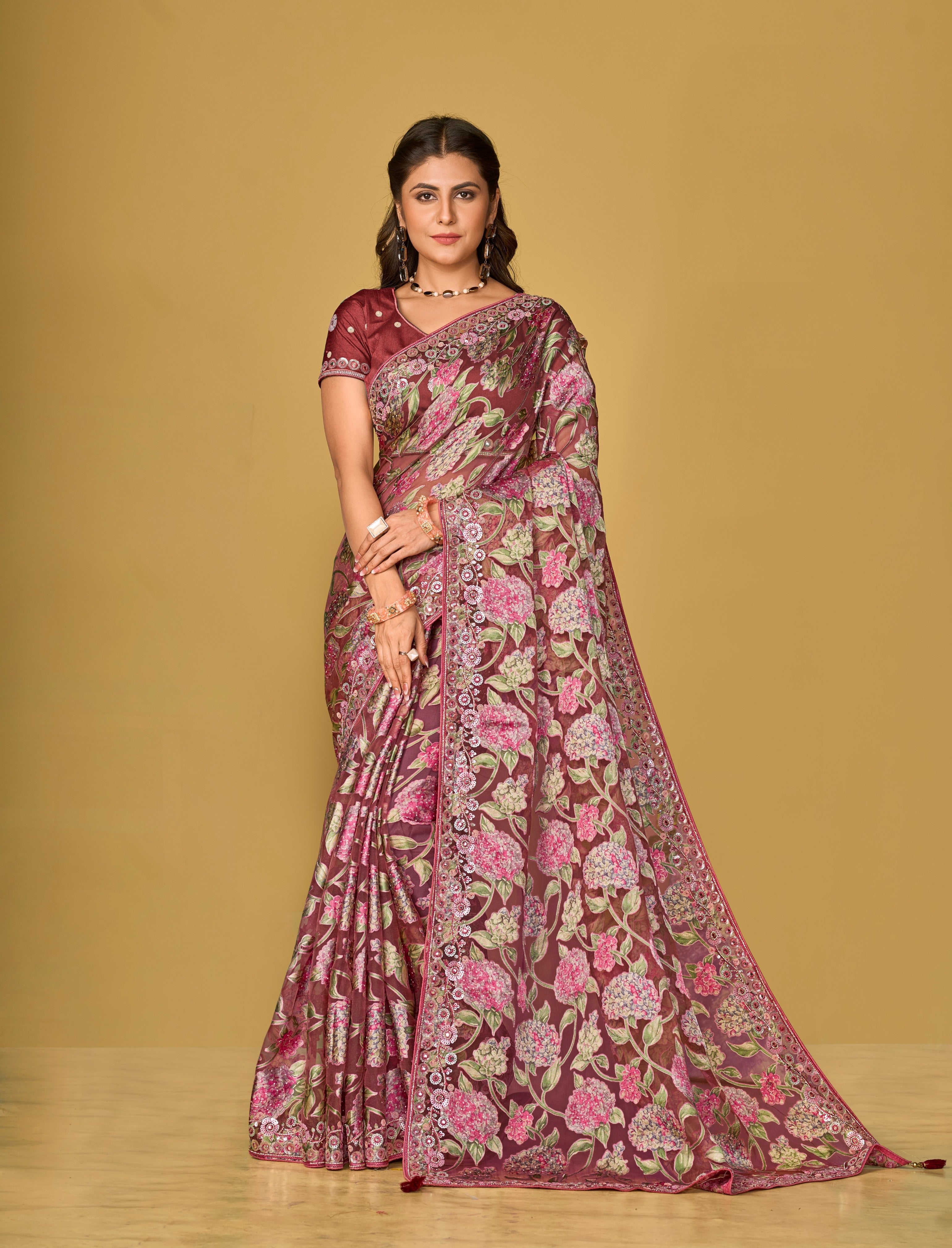 Wine Maroon Soft Organza Brasso Embroidered Saree