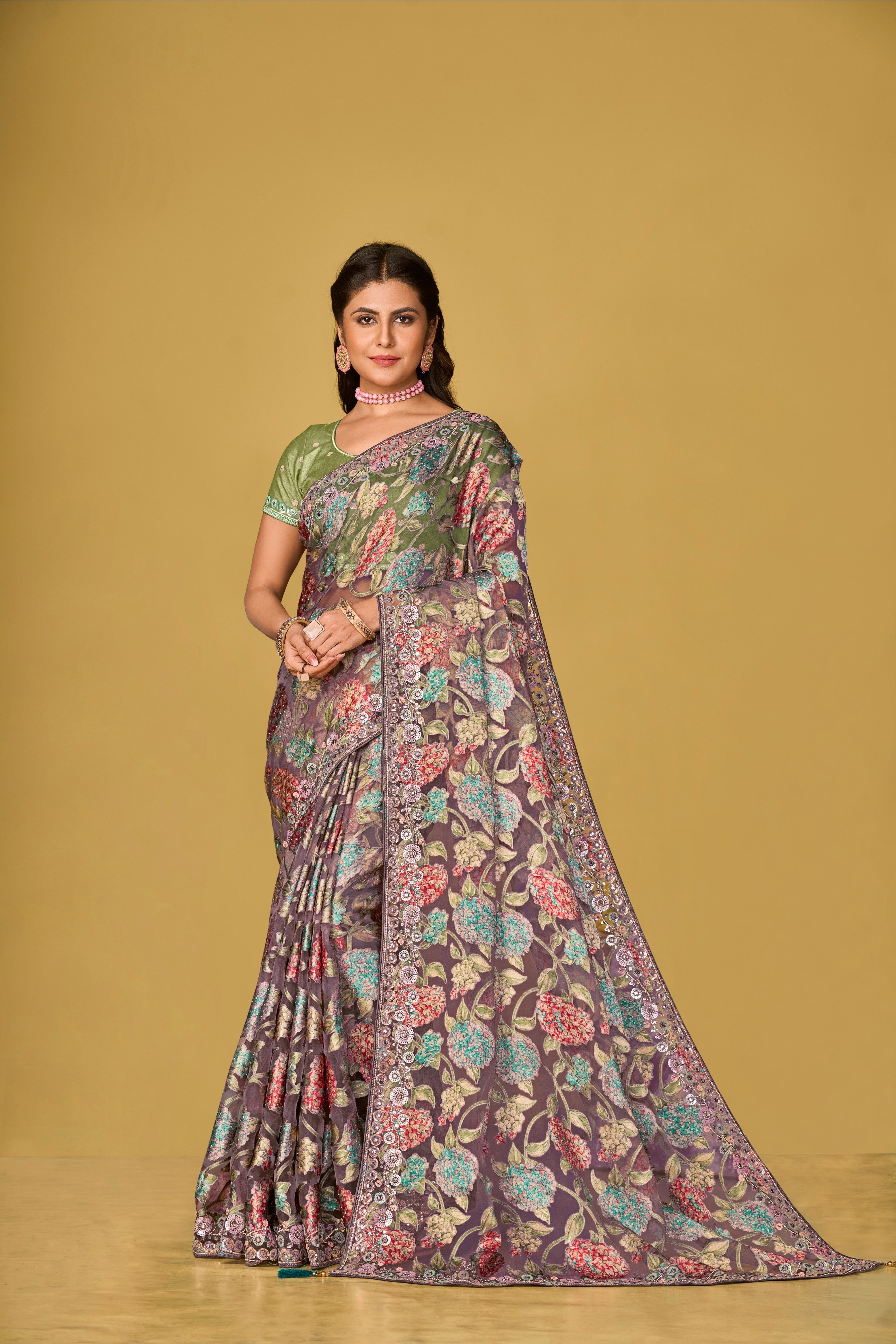 Brown Soft Organza Brasso Embroidered Saree