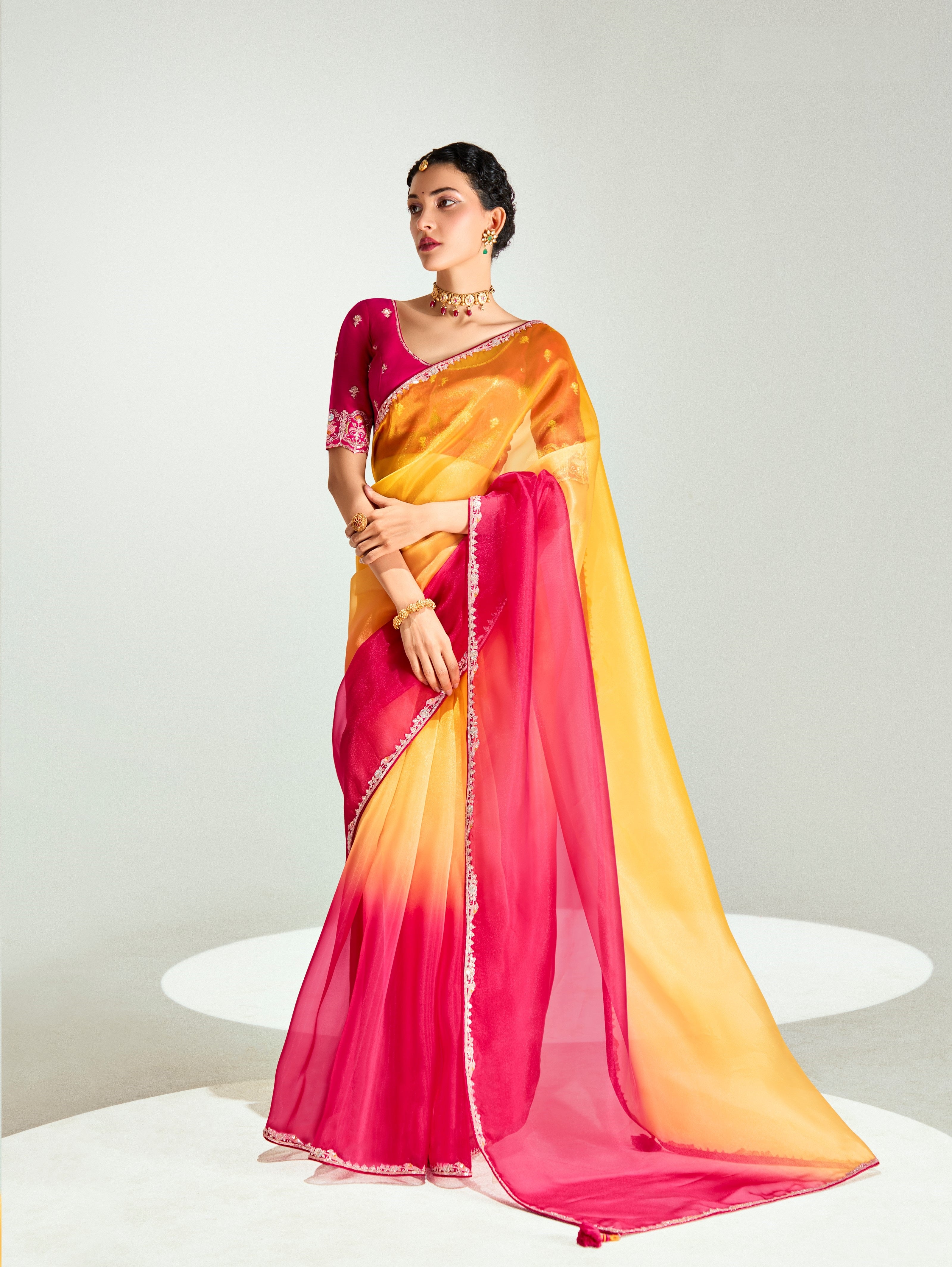 Red Yellow Organza Tissue Heavy Work Saree