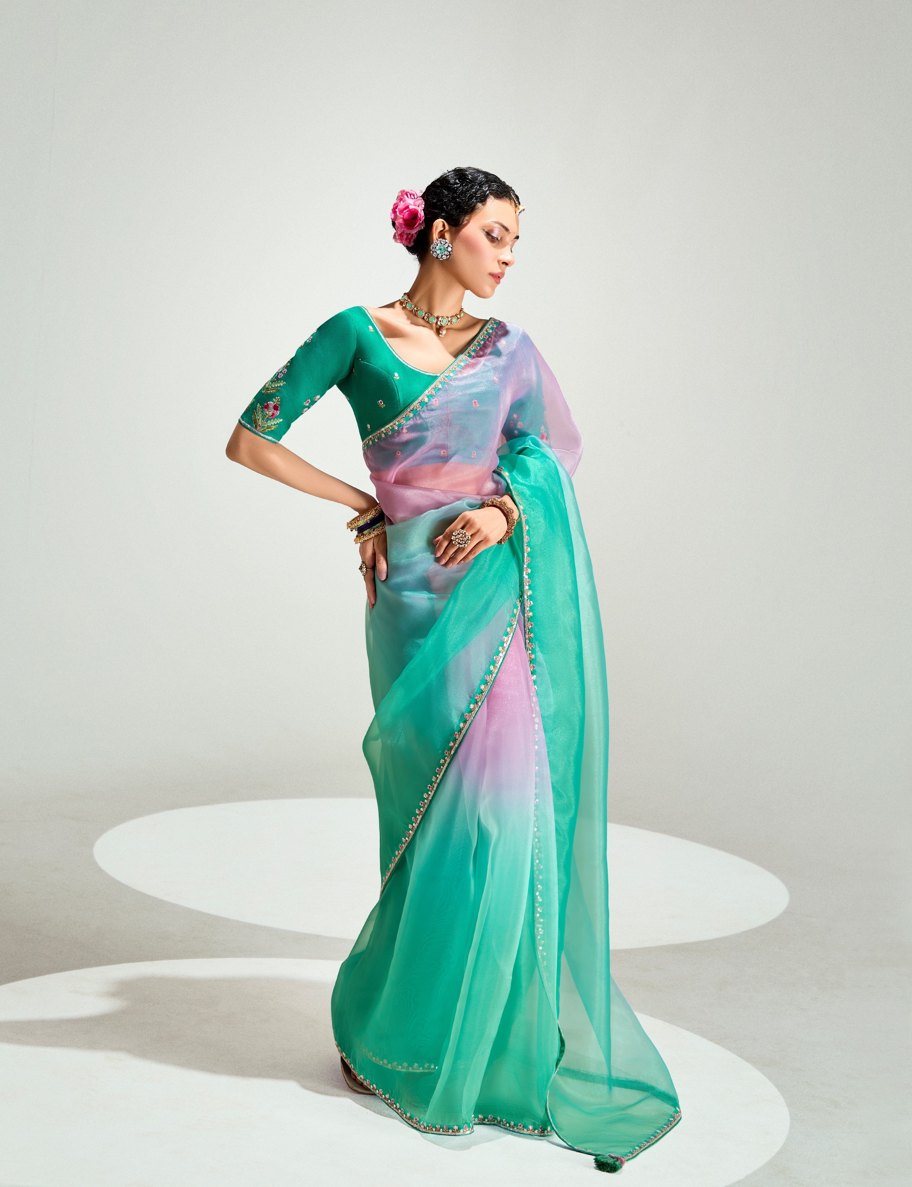 Blue Green Organza Tissue Heavy Work Saree