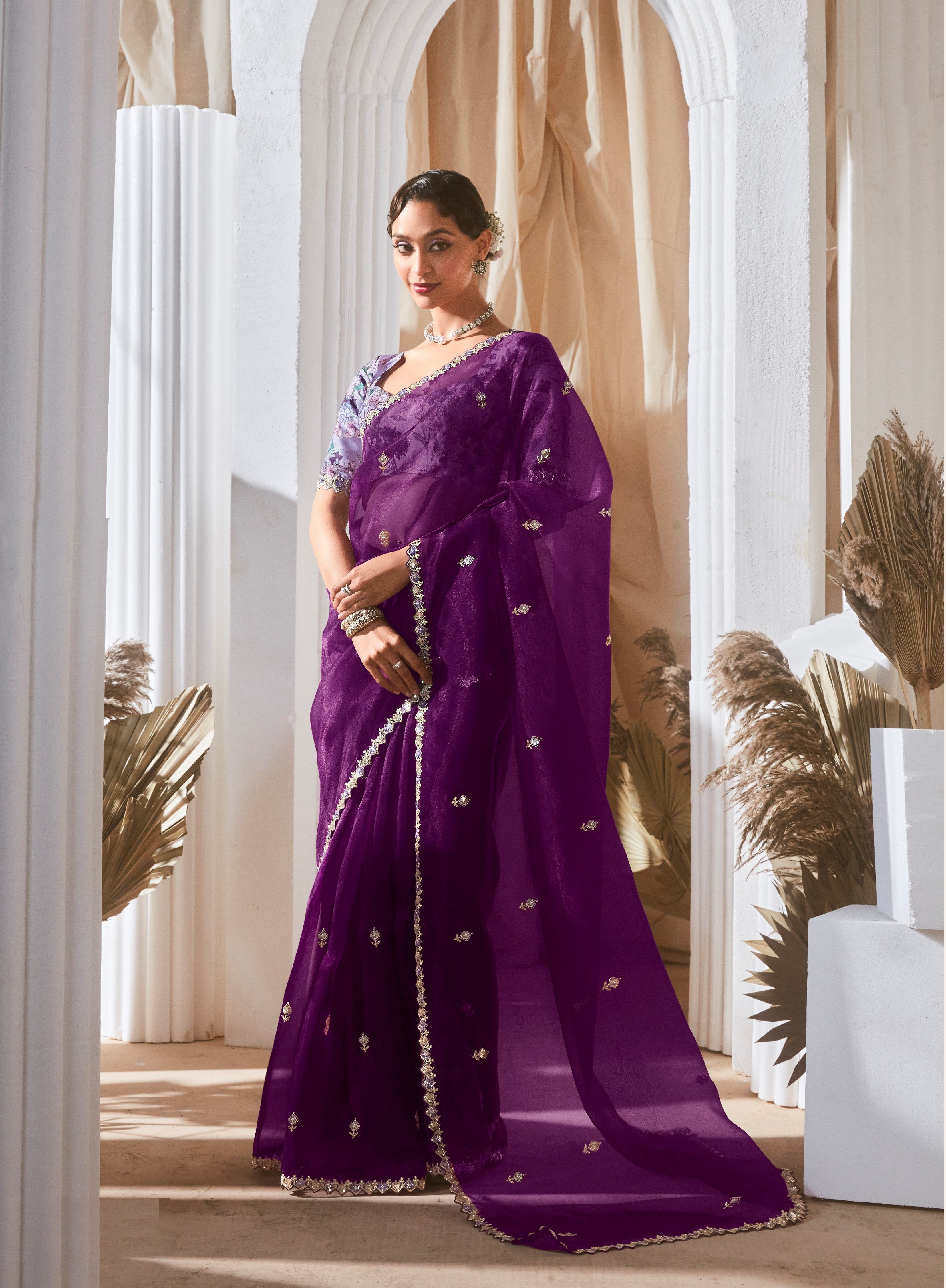Purple Tissue Designer Lace Work Saree