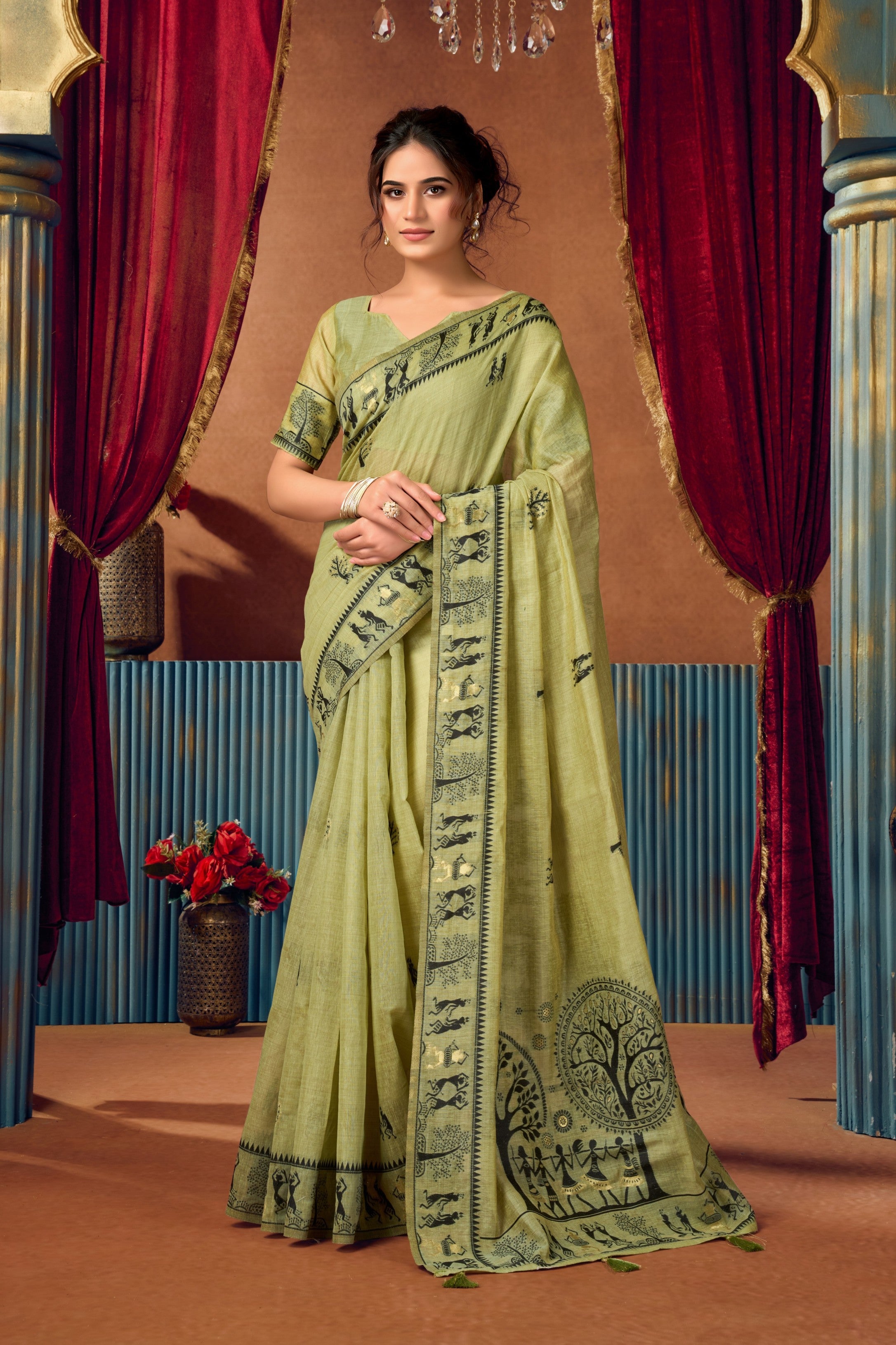 Pista Green Modal Warli Printed Saree