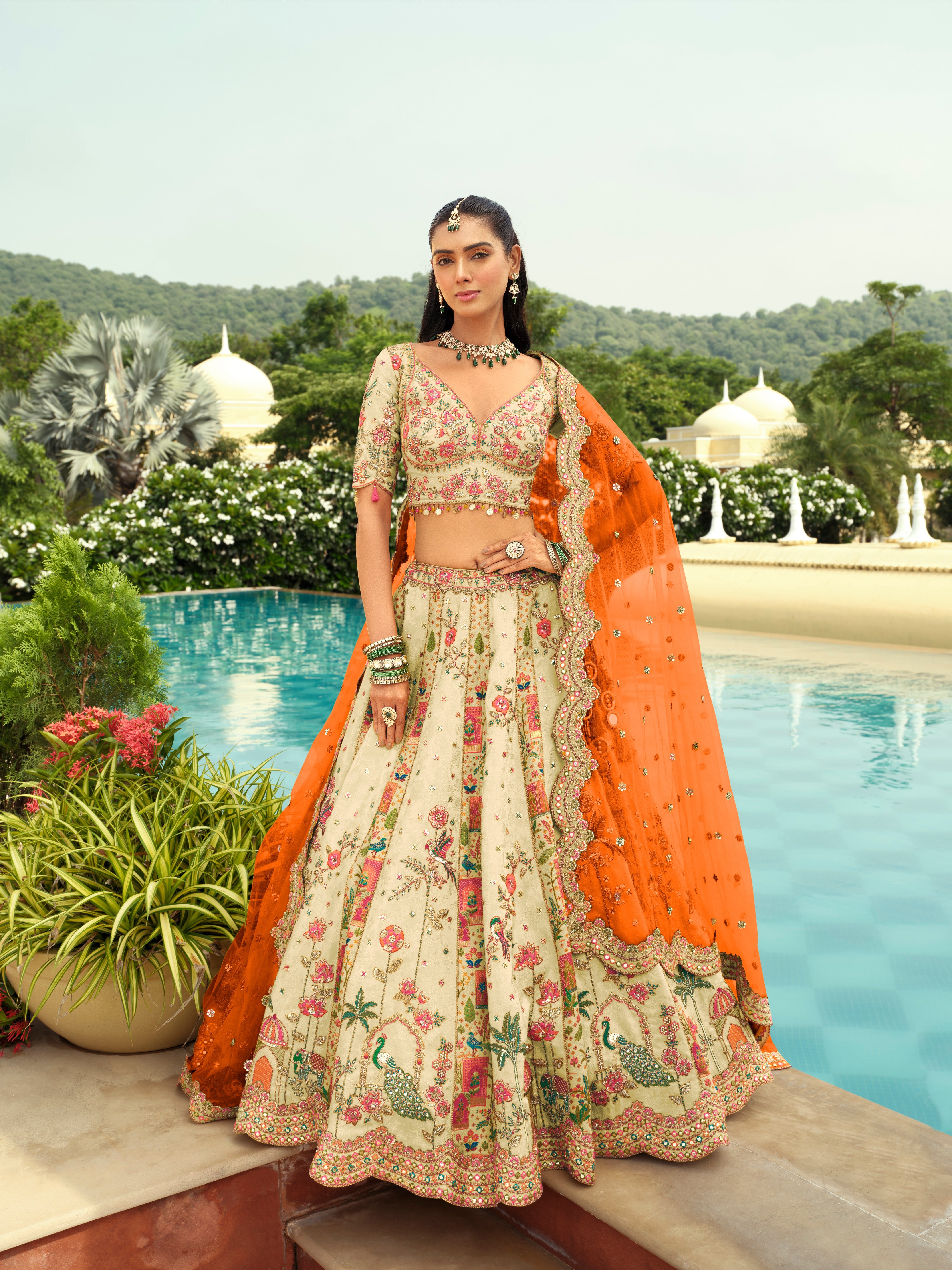 Cream Beige Silk Heavy Embroidery Cut Work Border Weaving Butti Art Mirror Work Lehenga