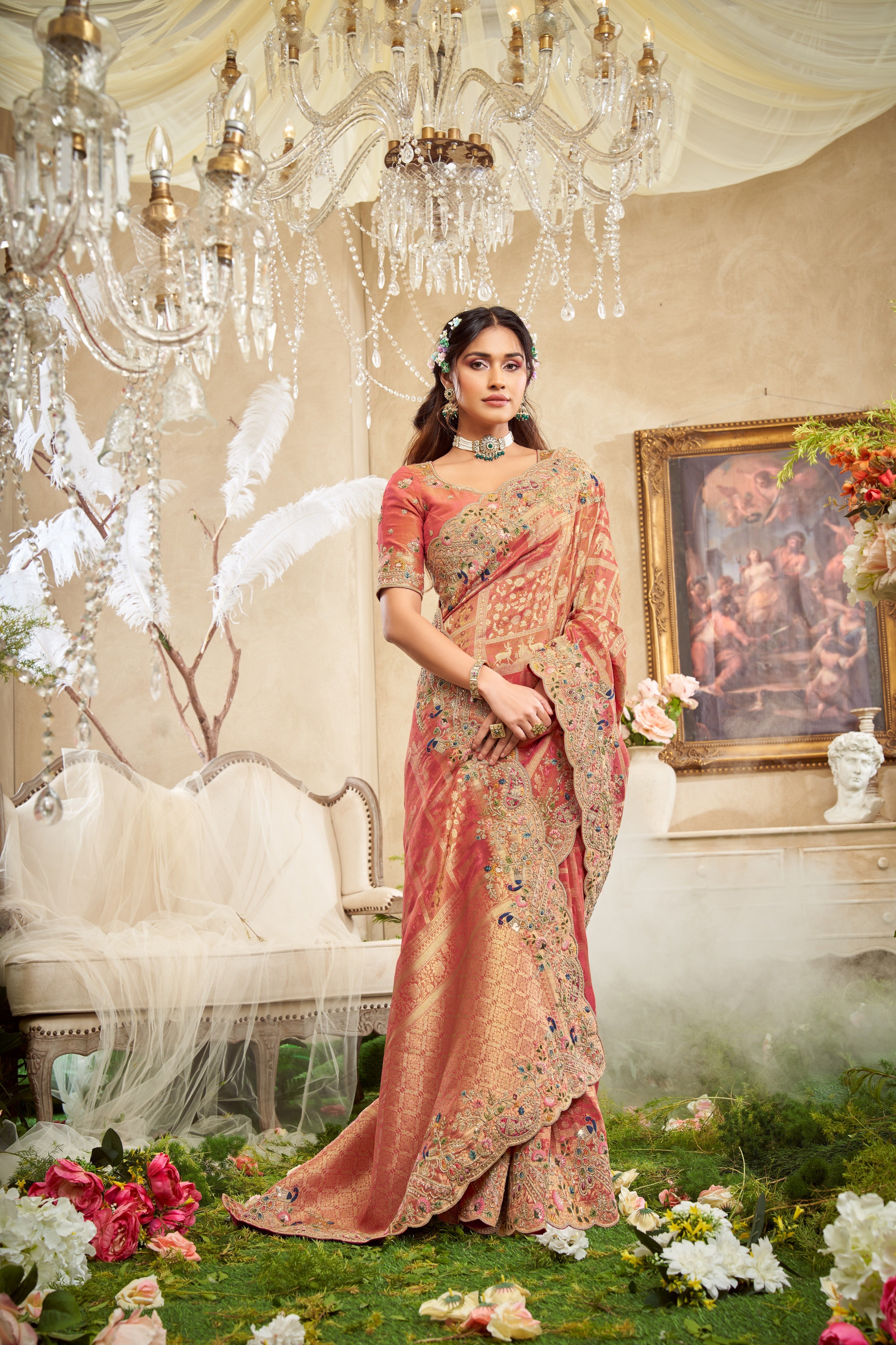 Peach Pure Giraffe Viscose Silk Weaving Saree