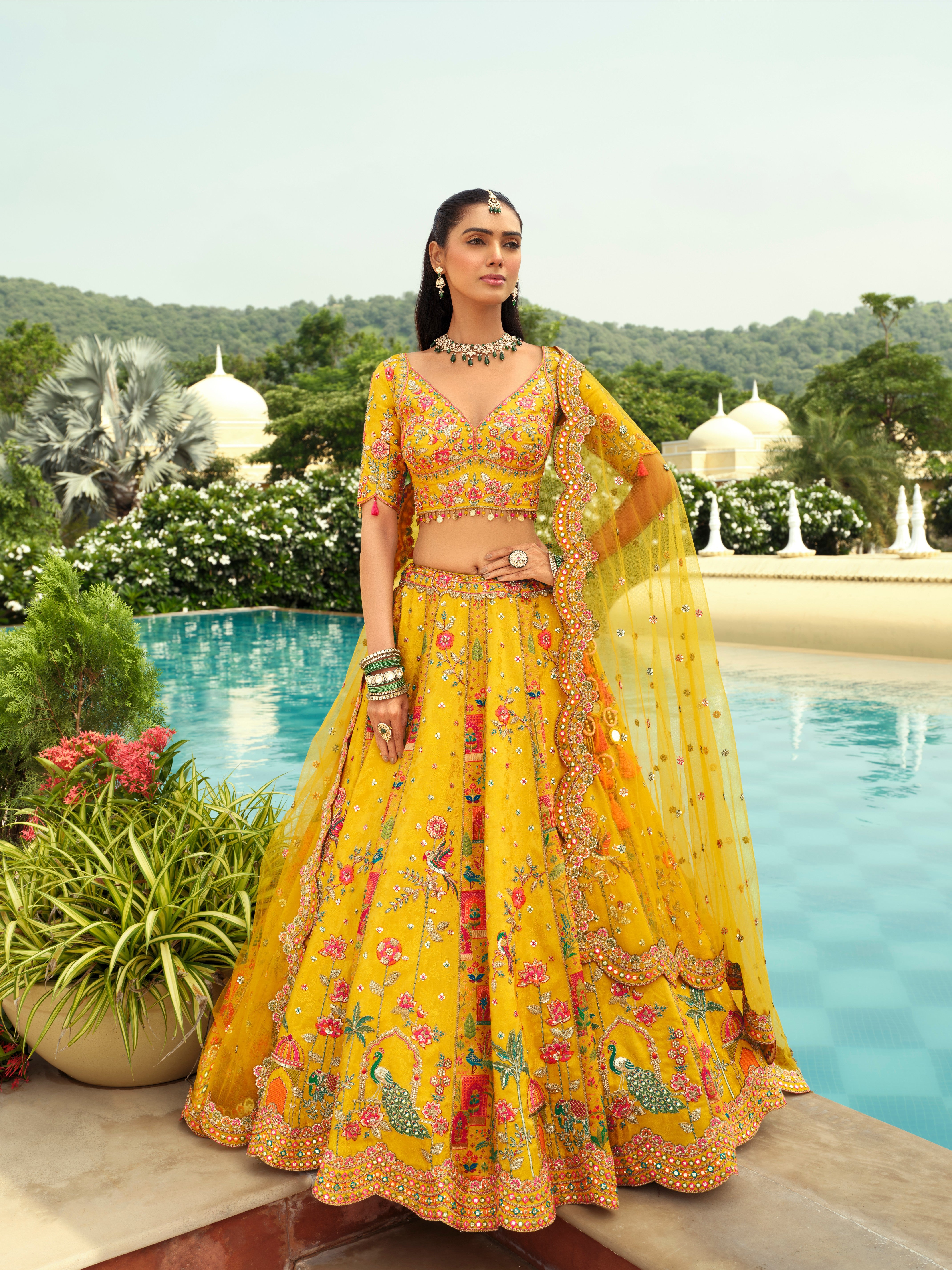 Yellow Silk Heavy Embroidery Cut Work Border Weaving Butti Art Mirror Work Lehenga