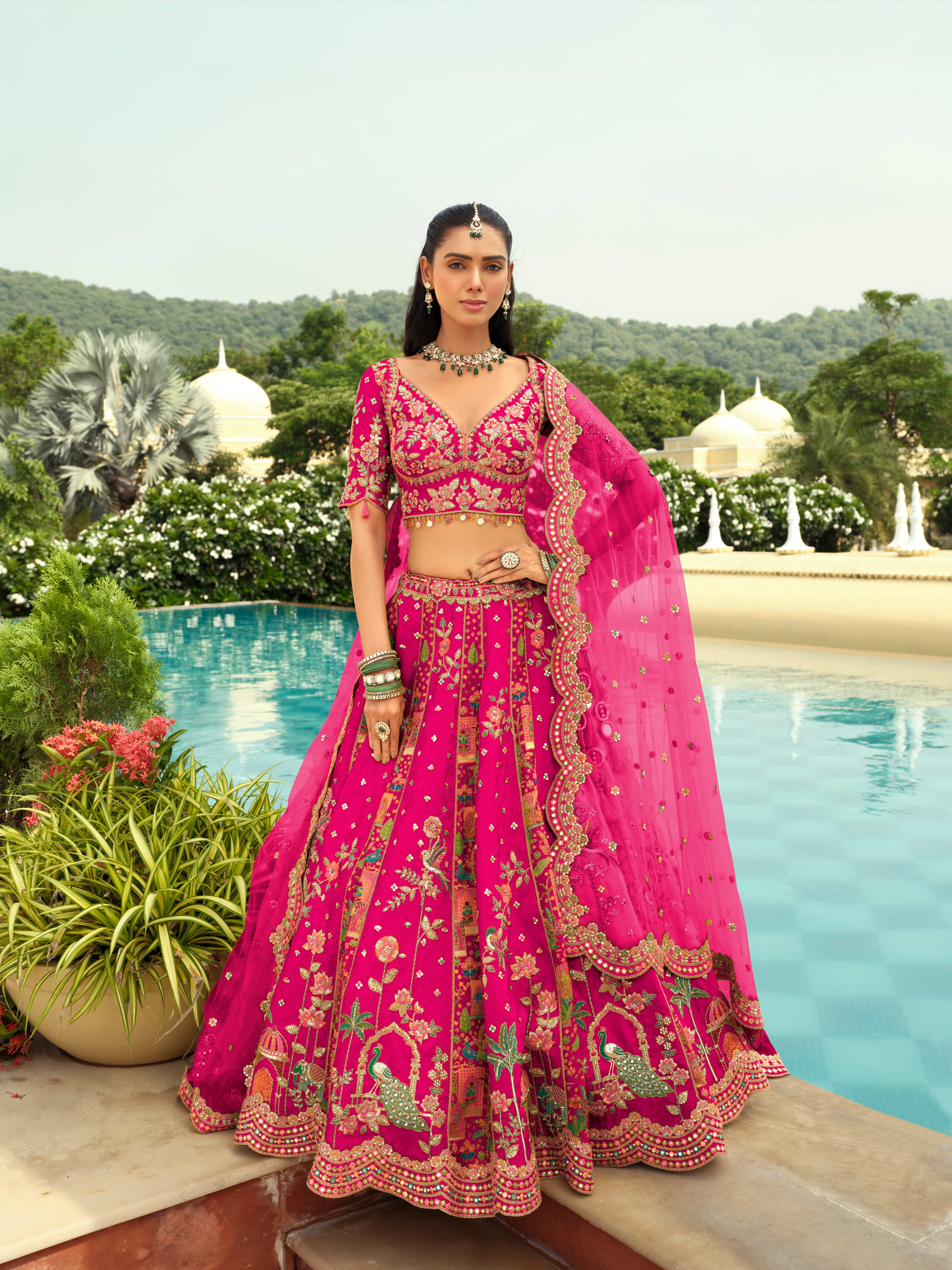 Pink Silk Heavy Embroidery Cut Work Border Weaving Butti Art Mirror Work Lehenga