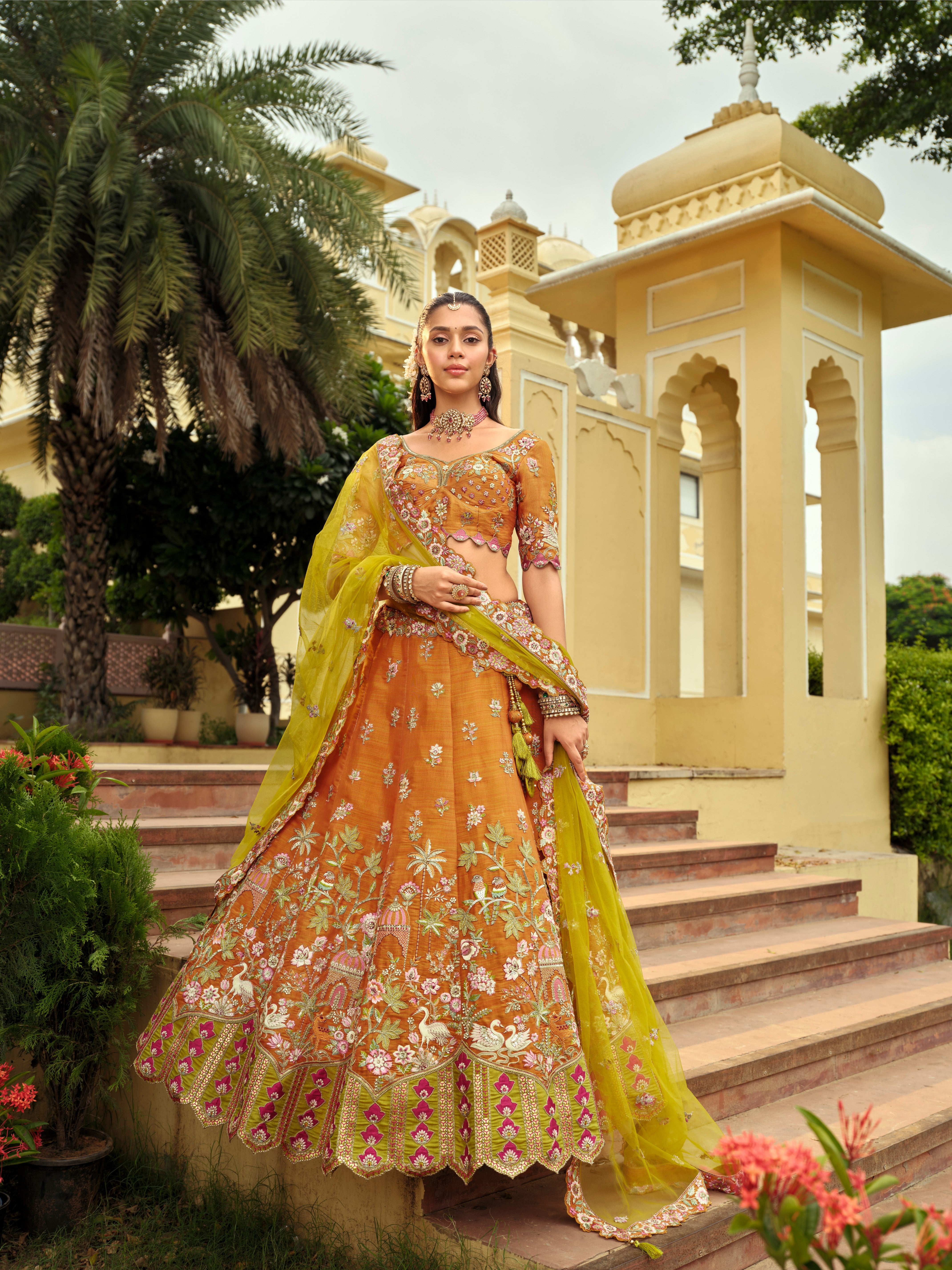 Orange Silk Heavy Embroidery Cut Work Border Weaving Butti Art Mirror Work Lehenga