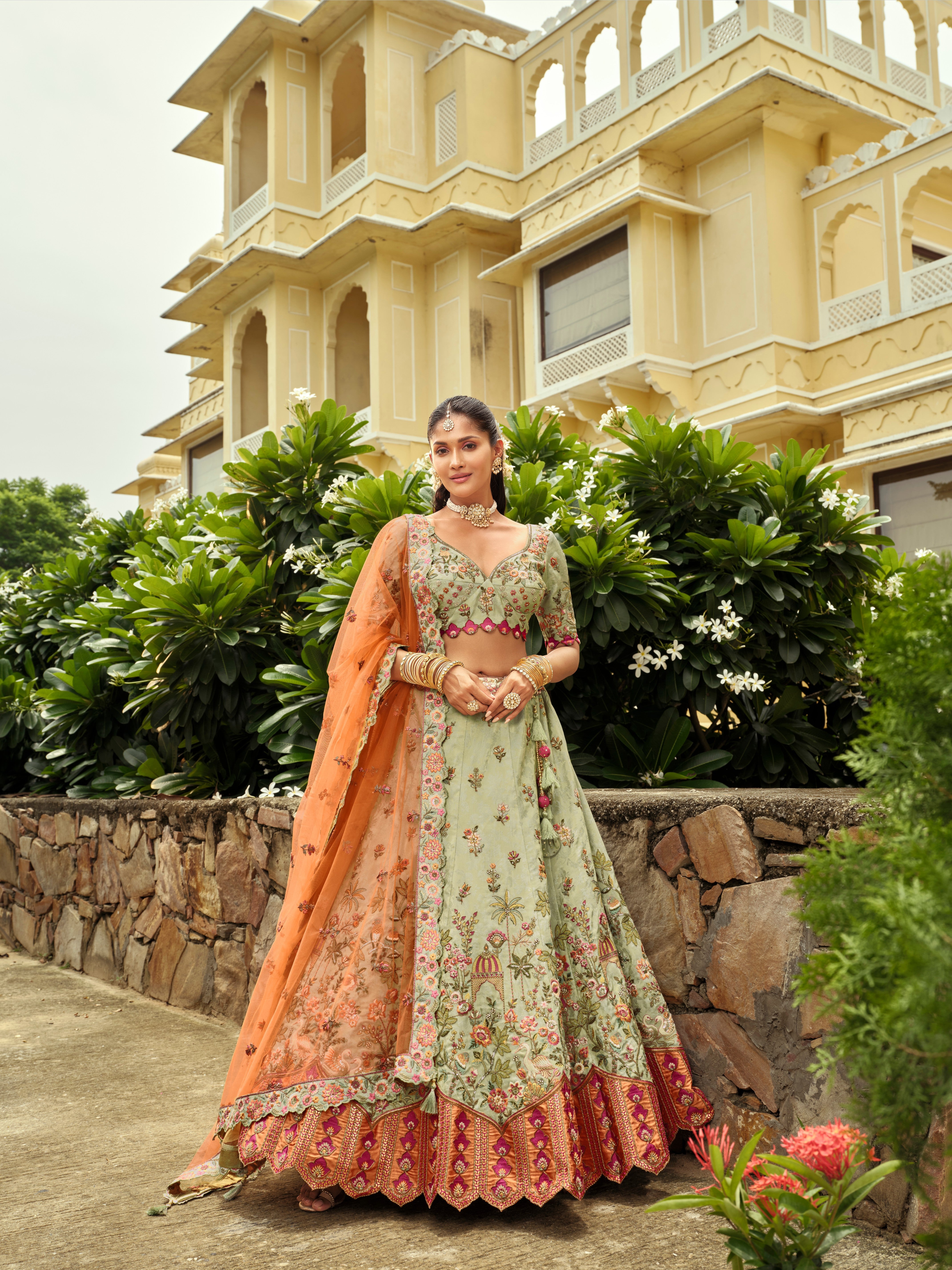 Pista Green Silk Heavy Embroidery Work Lehenga
