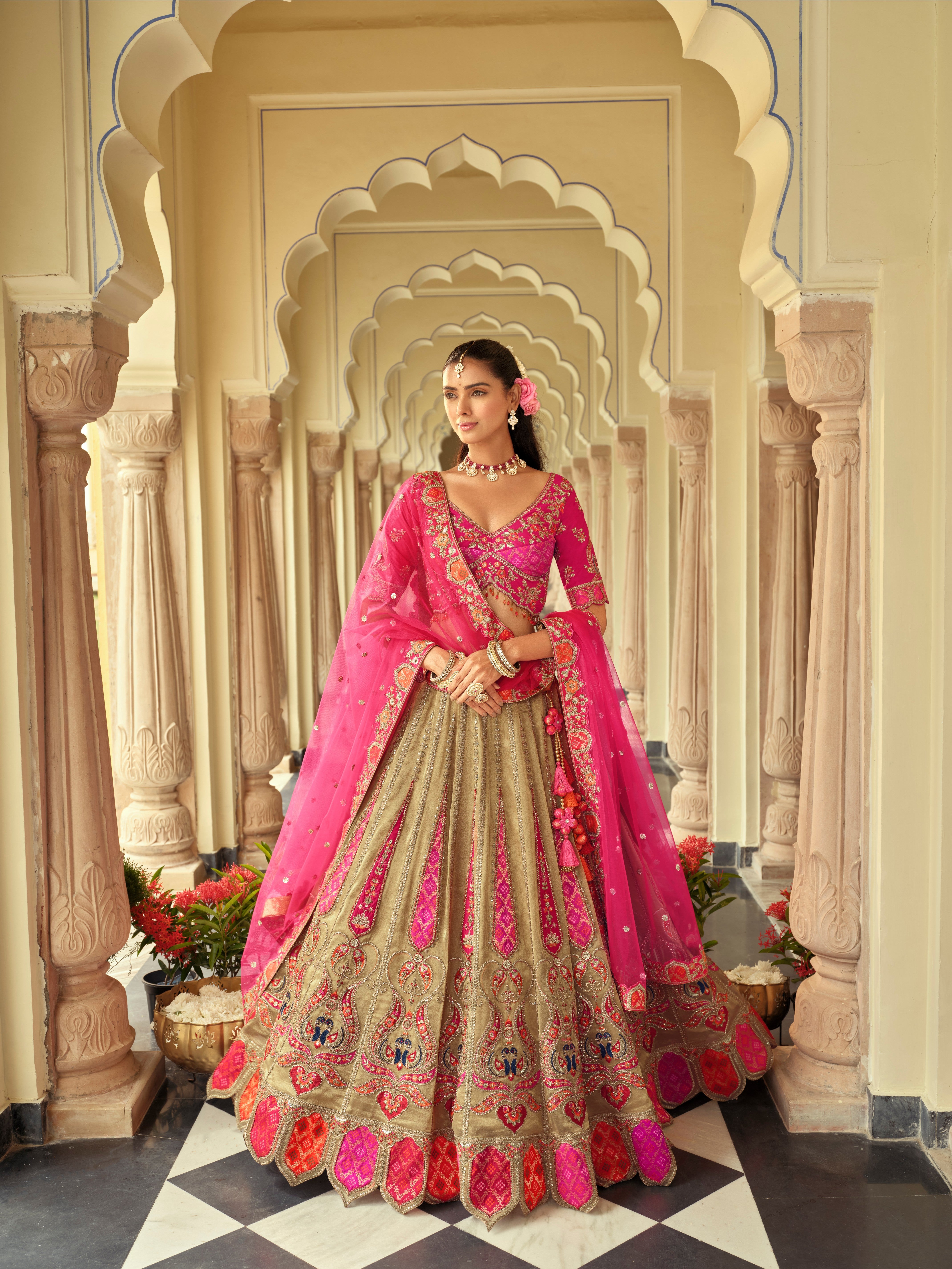 Pink Beige Silk Heavy Embroidery Cut Work Border Weaving Butti Art Mirror Work Lehenga