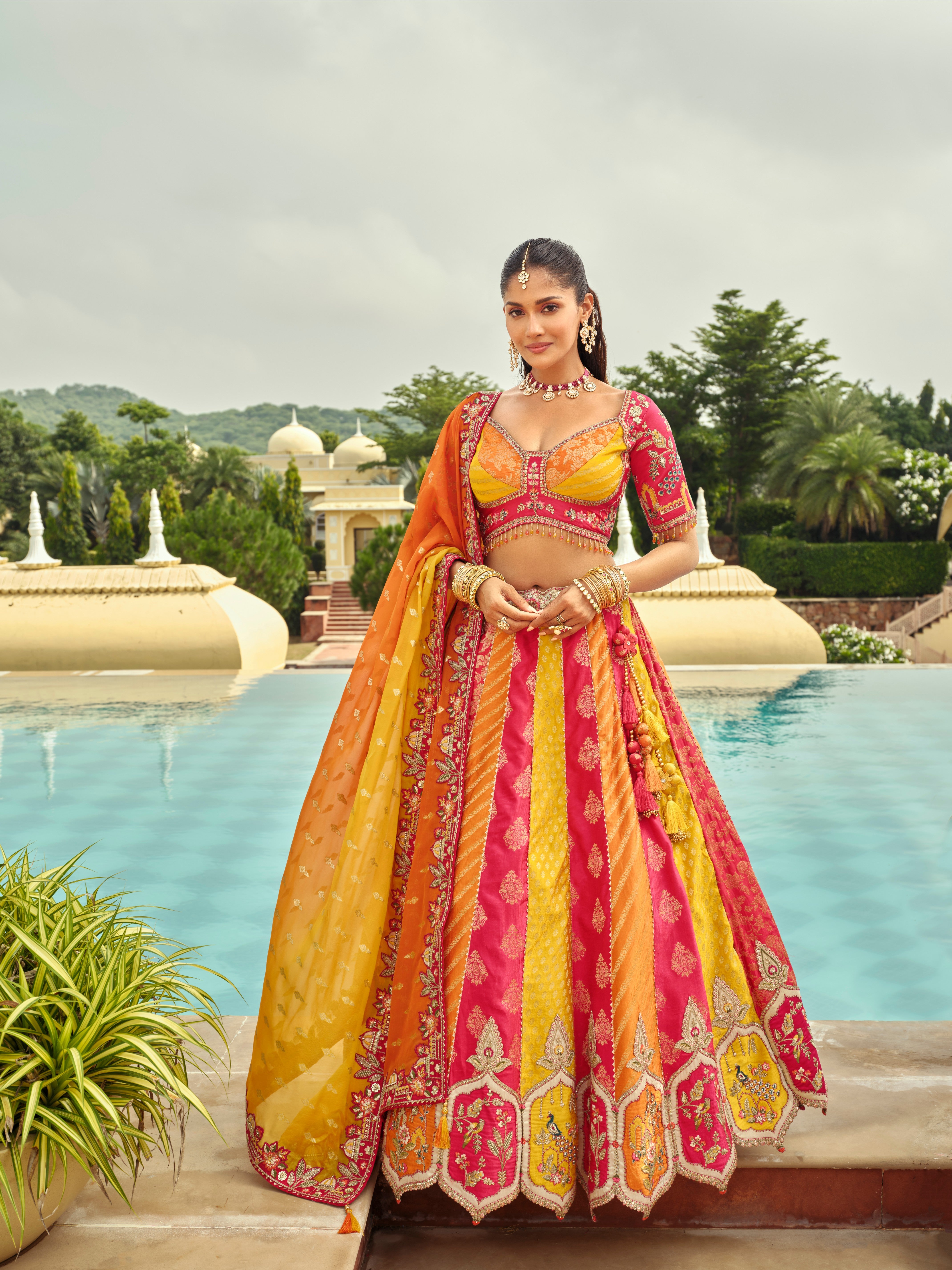 Yellow Orange Silk Heavy Embroidery Cut Work Border Weaving Butti Art Mirror Work Lehenga