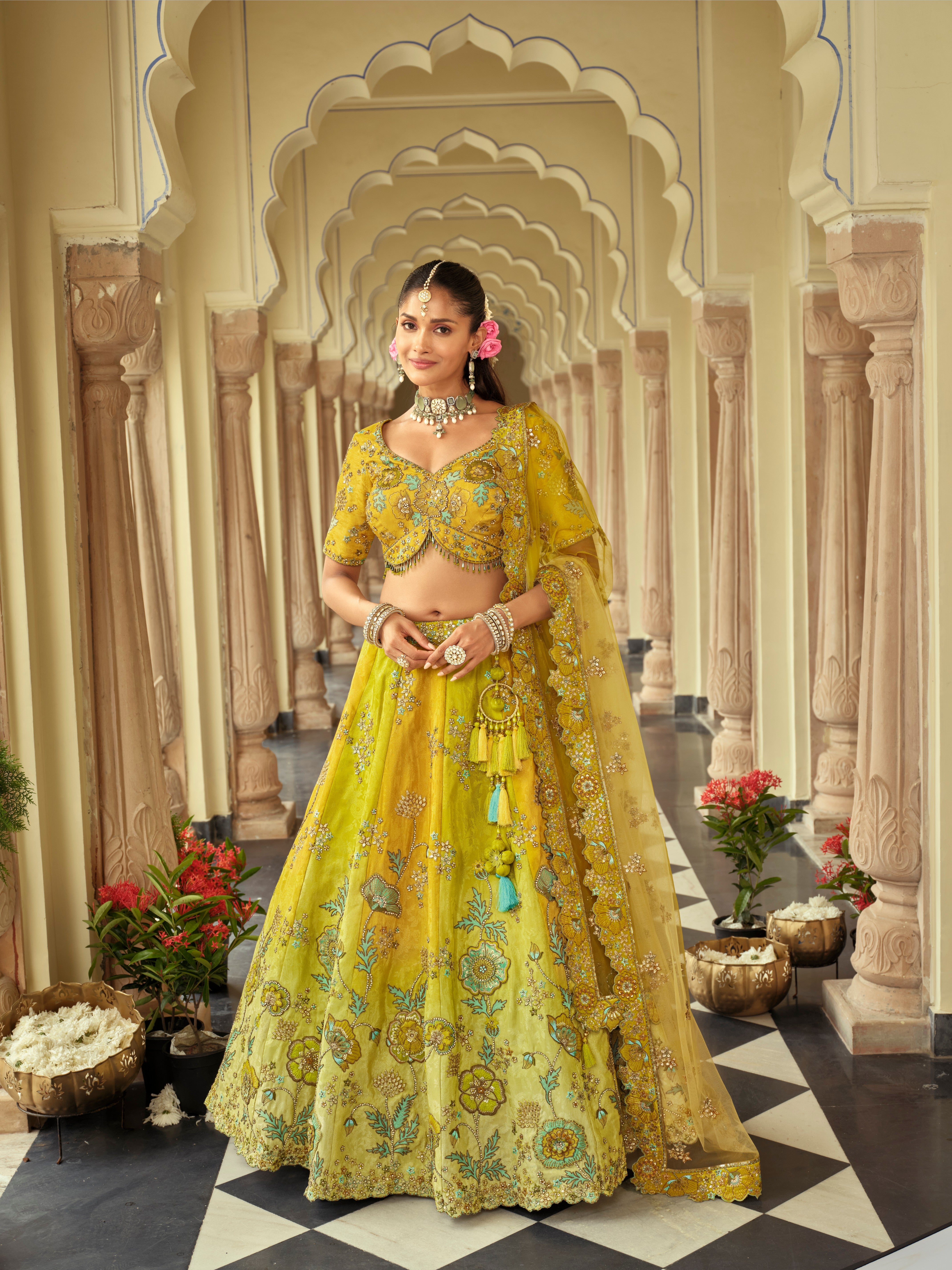 Lime Yellow Silk Heavy Embroidery Cut Work Border Weaving Butti Art Mirror Work Lehenga