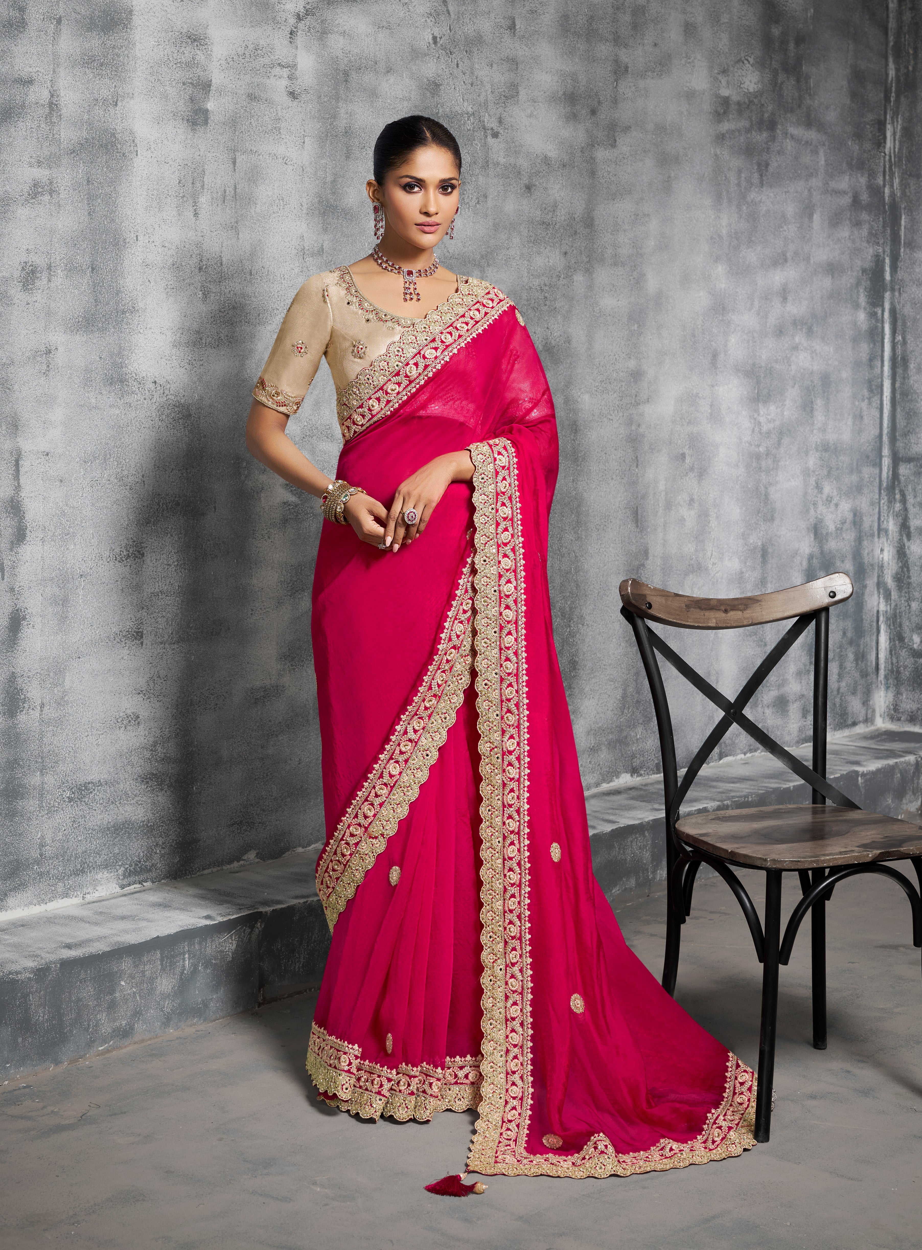 Magenta Rangoli Satin Lace Work Saree