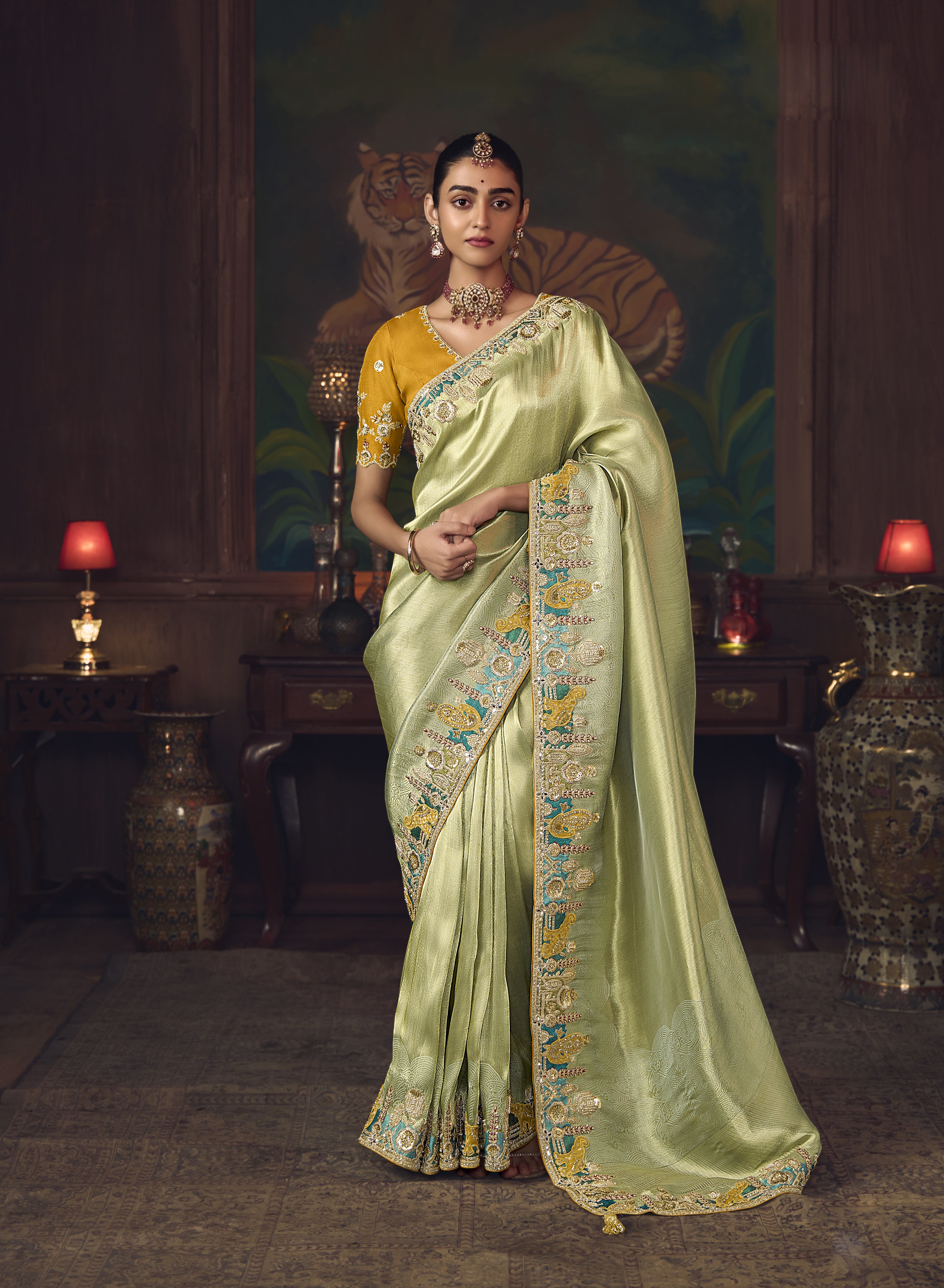 Golden Lime Silk Heavy Embroidered Saree