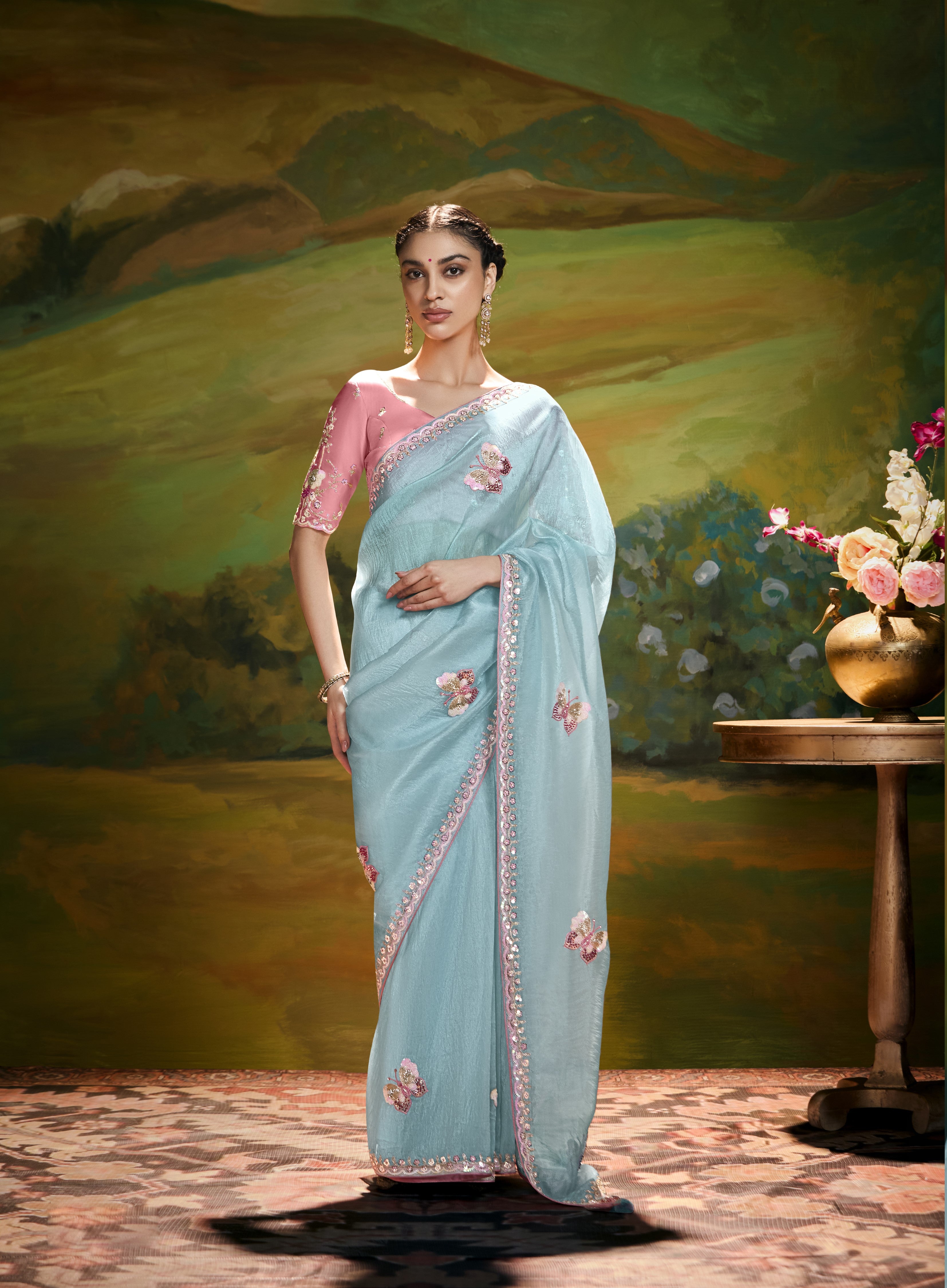 Light Blue Fancy Fabric Handwork Saree