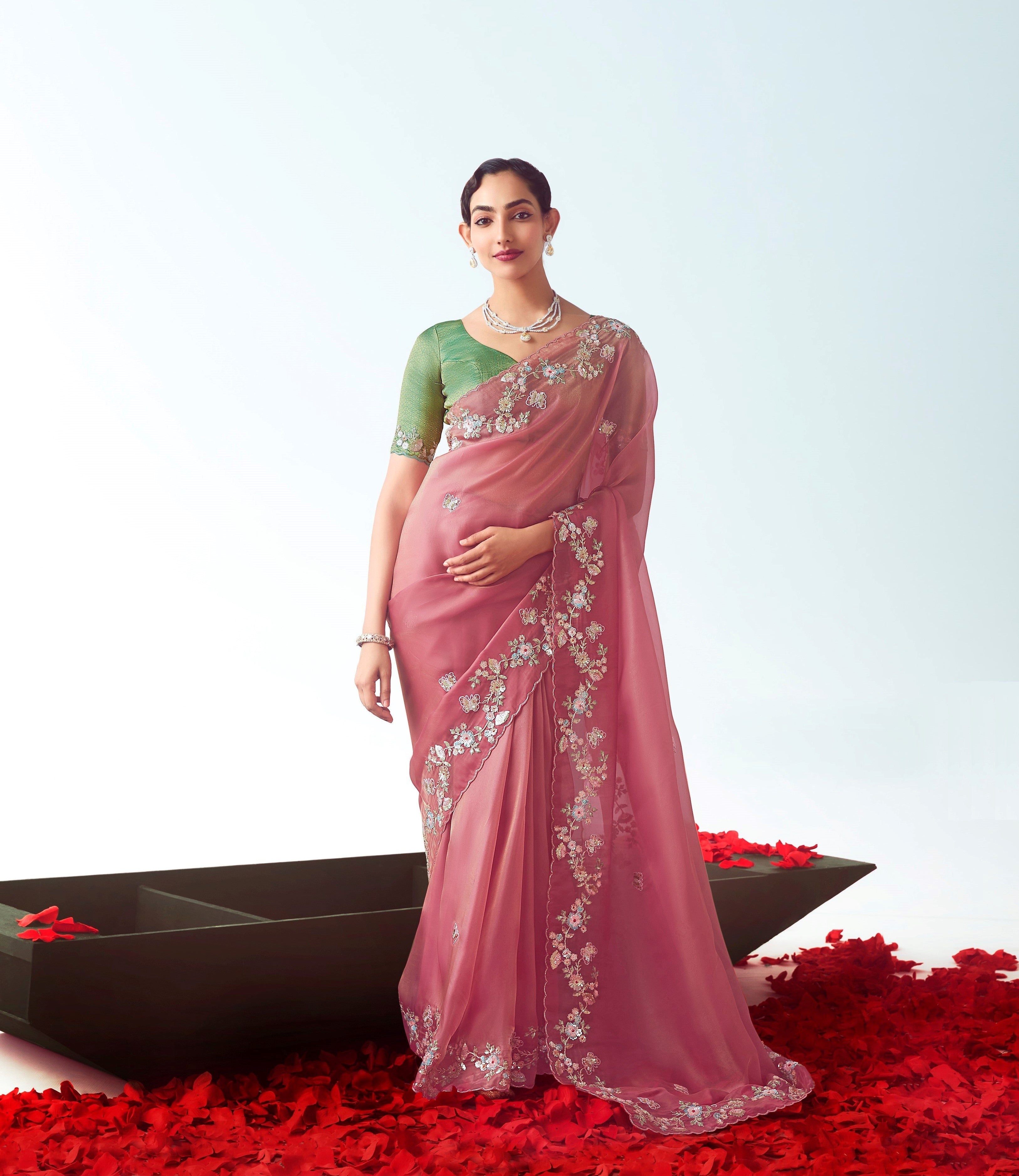 Pink Organza Embroidery Party Wear Saree