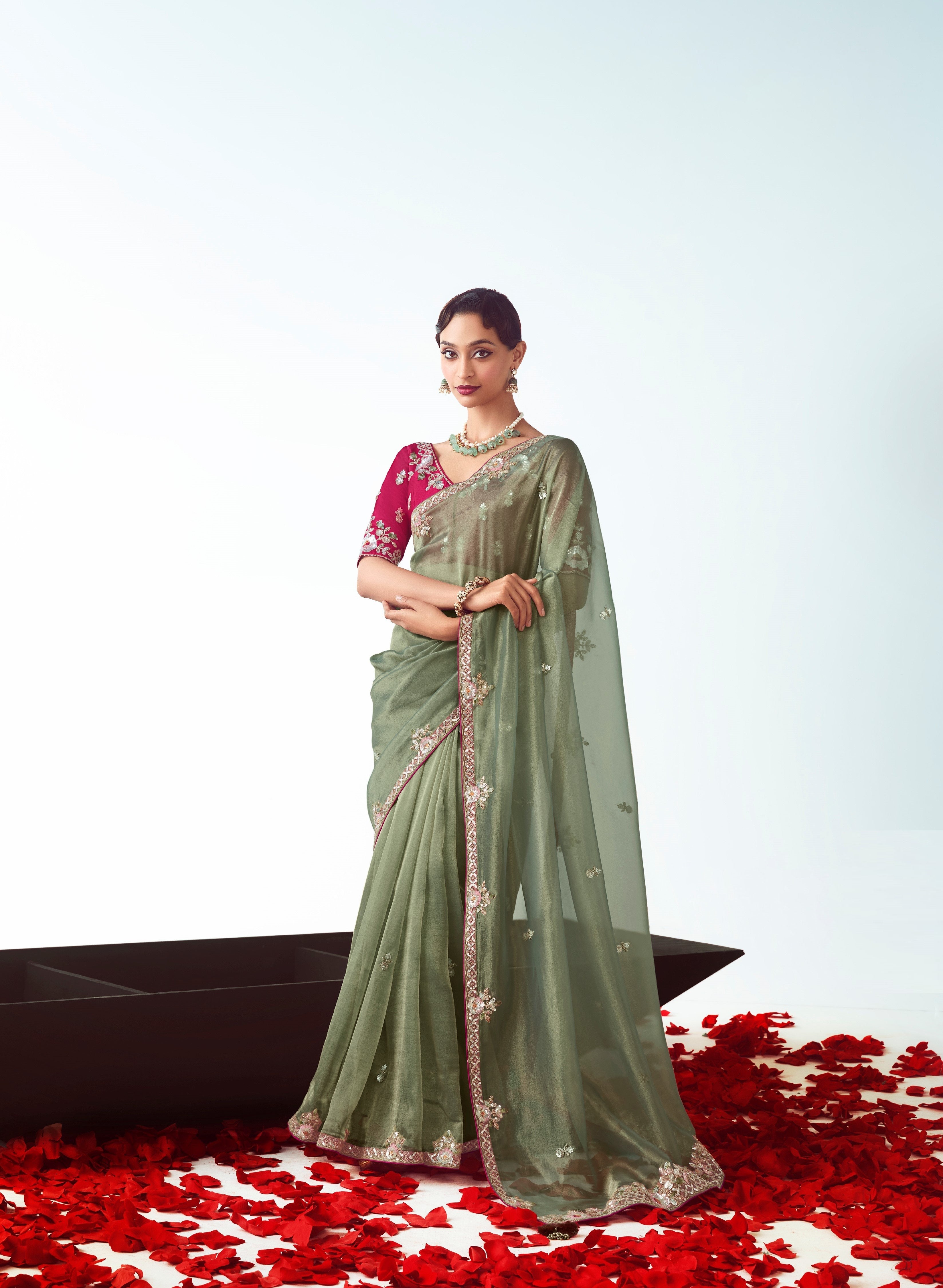 Green Organza Embroidery Partywear Saree