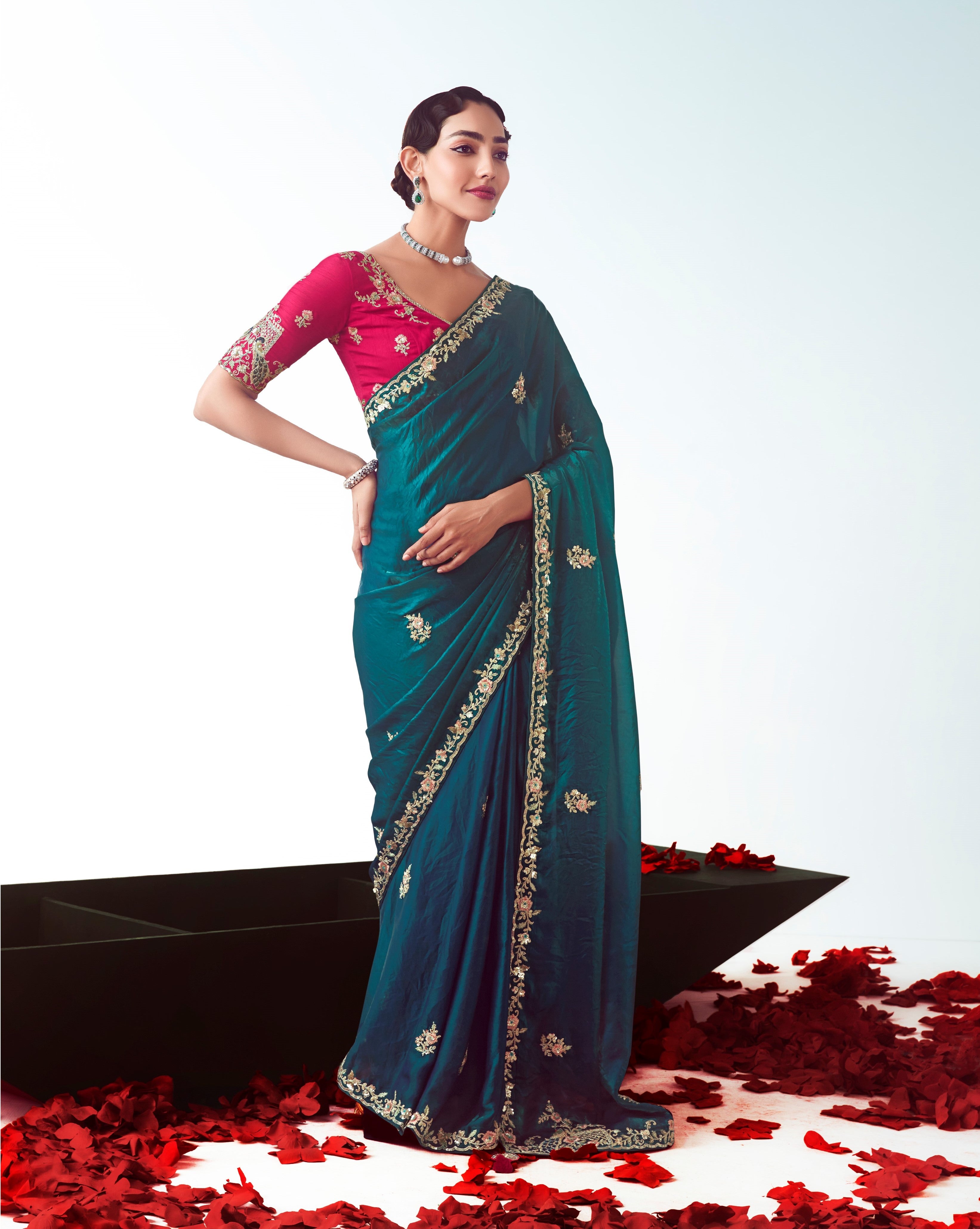 Blue Organza Embroidery Partywear Saree