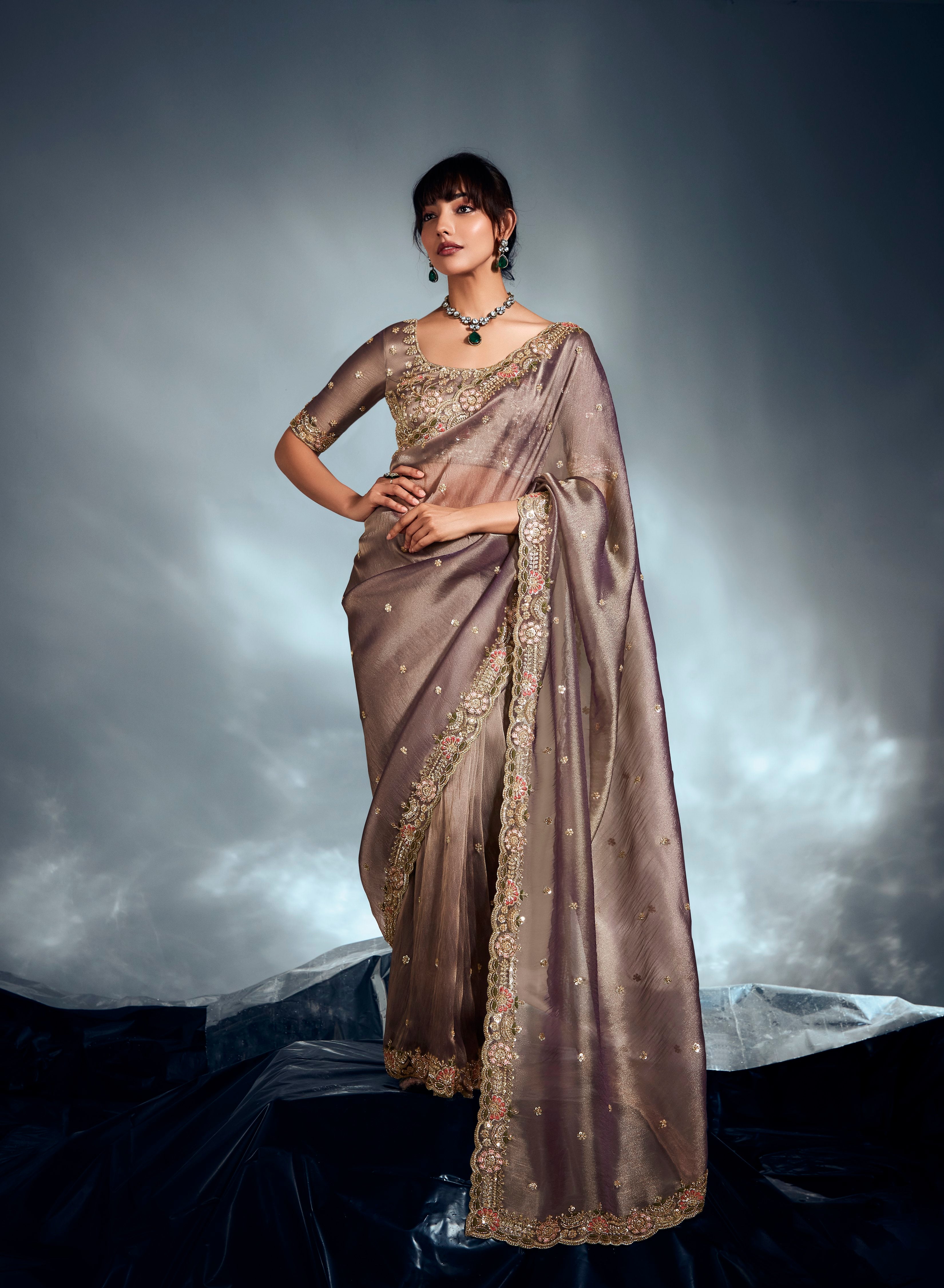 Grey Tissue Organza Embroidered Saree