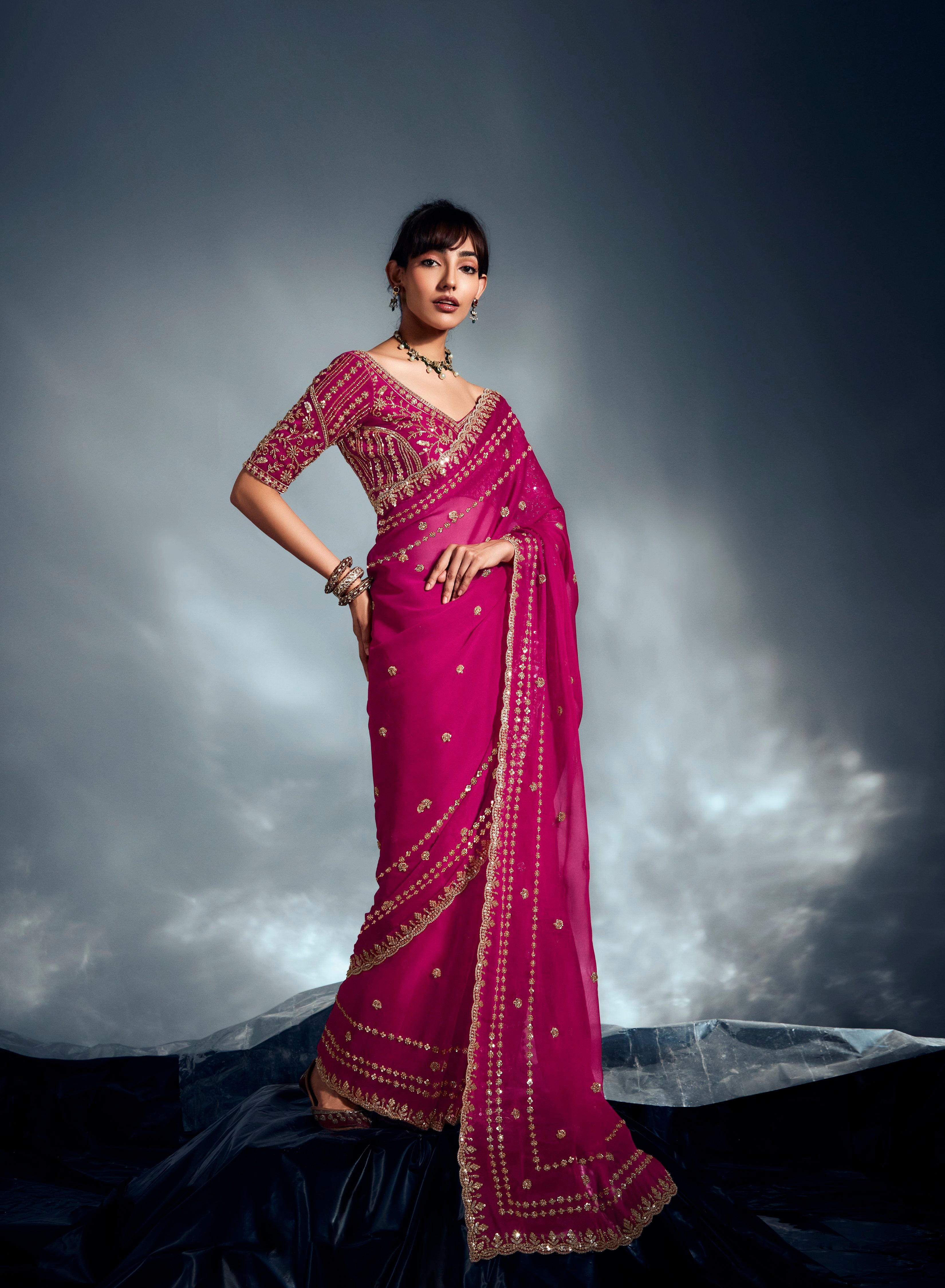 Magenta Pink Tissue Organza Embroidered Saree