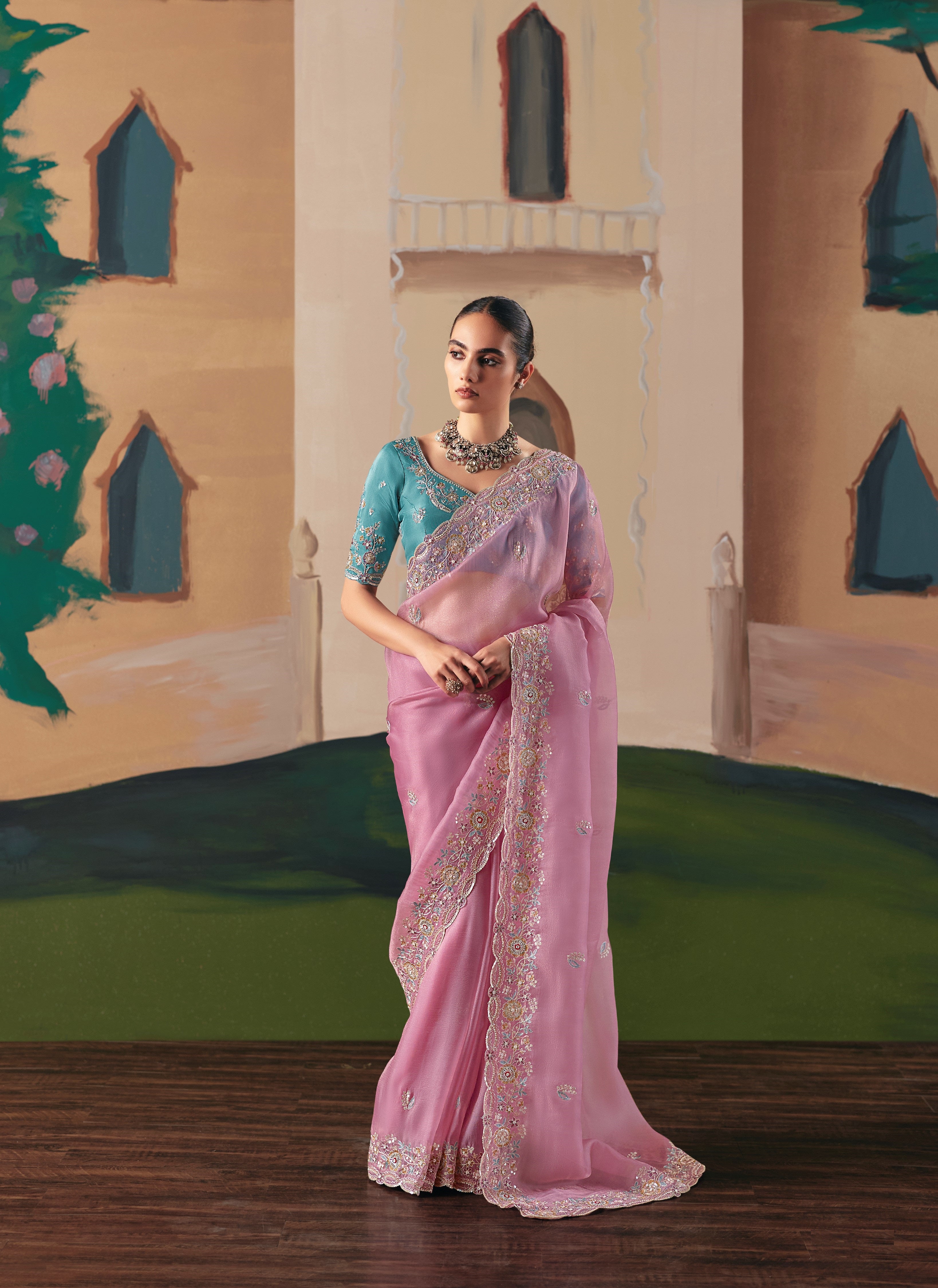 Mauve Pink Fancy Fabric Embroidery Work Saree