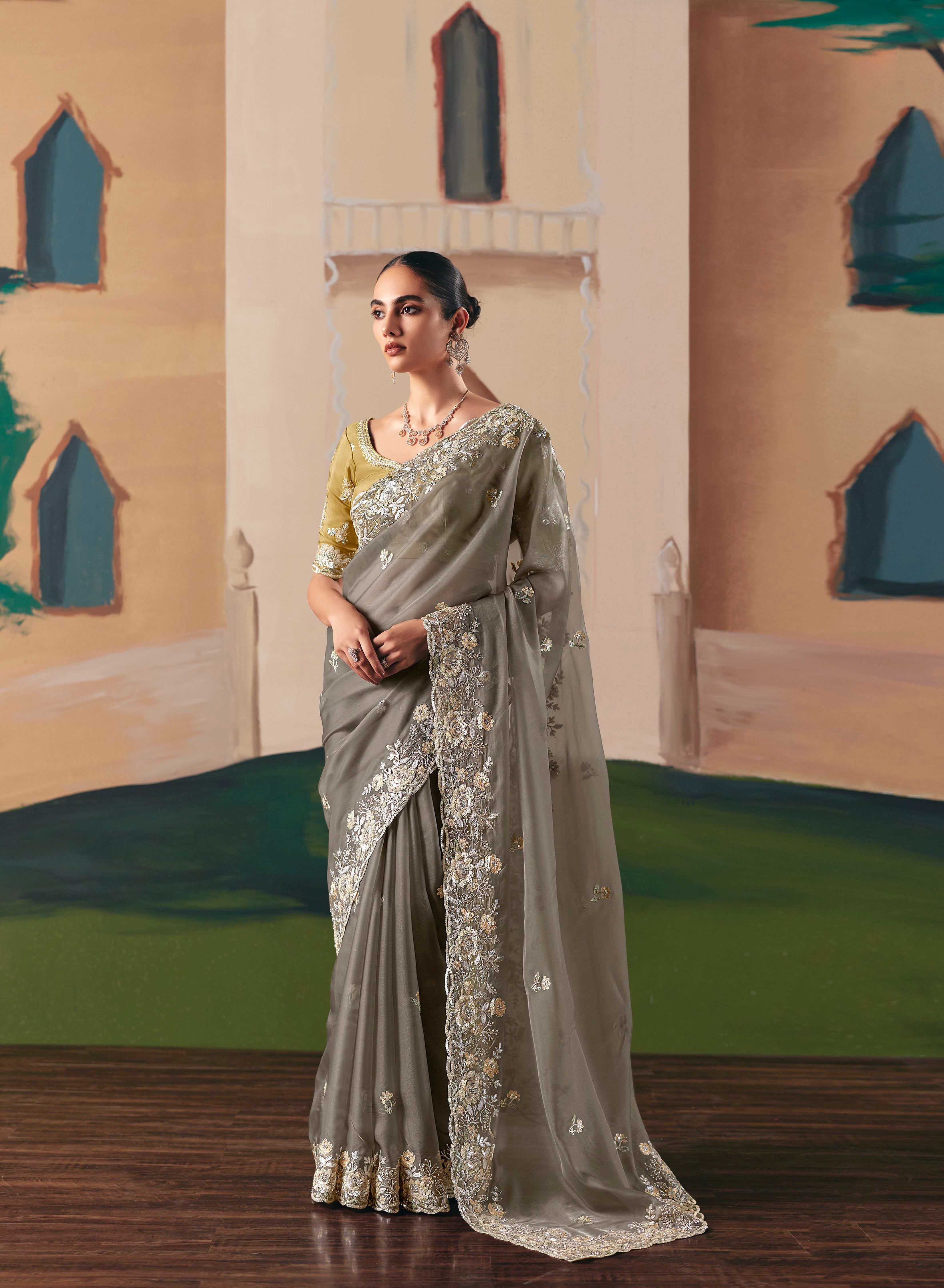 Grey Fancy Fabric Sequence Work Saree