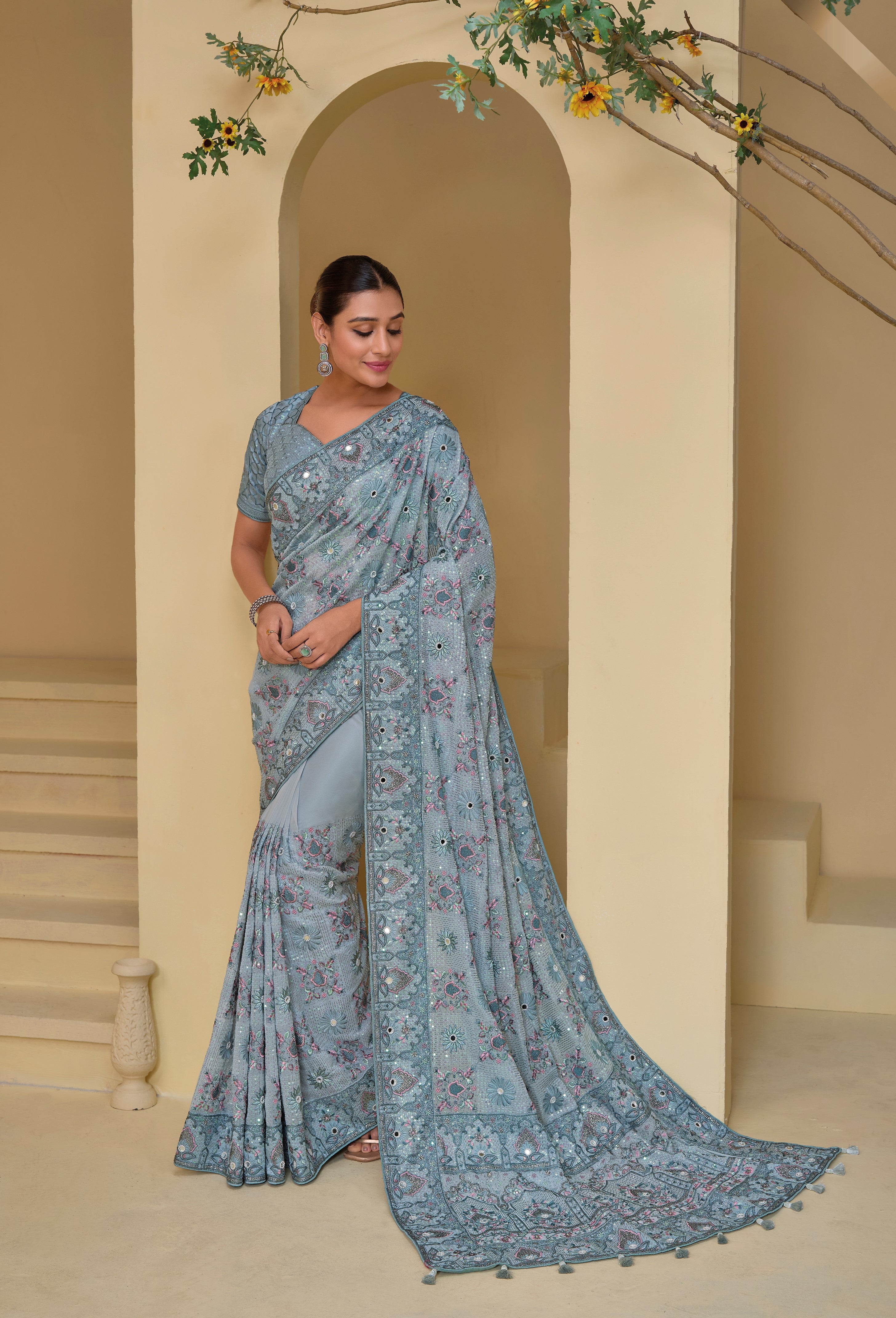 Grey Italian Silk Sequence Heavy Work Saree