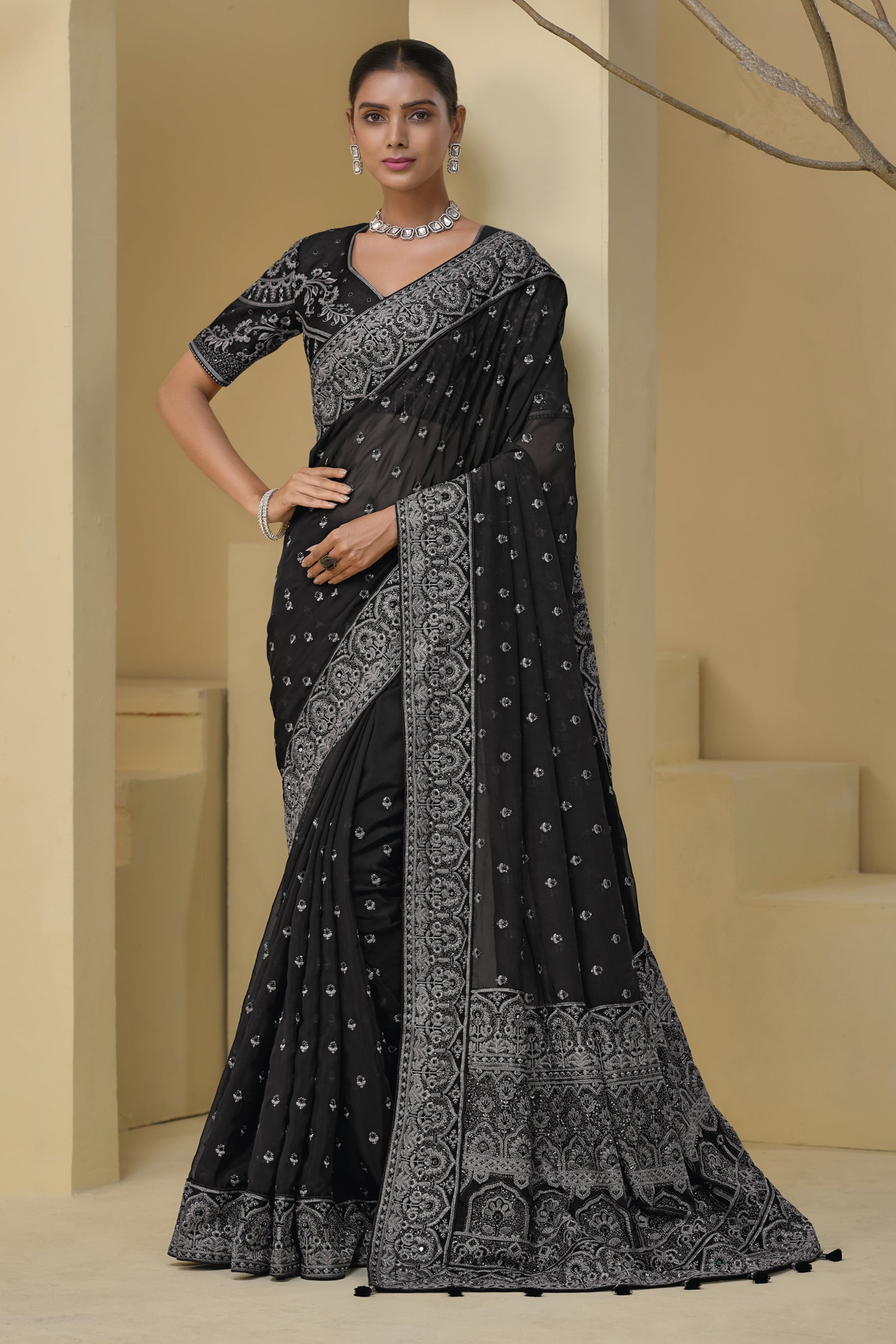 Black Banarasi Mirror Heavy Work Saree