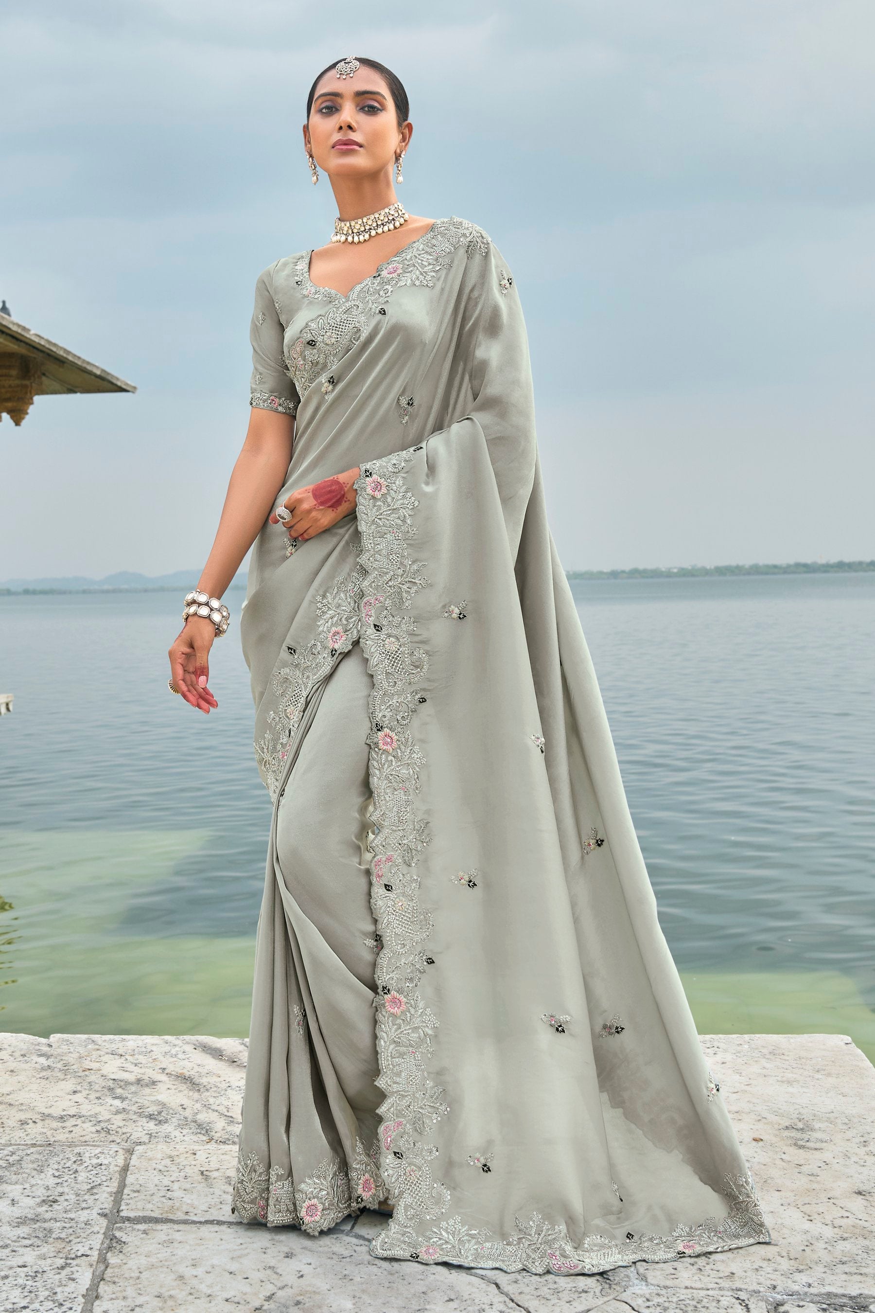 Grey Pure Banarasi Zari Work Saree