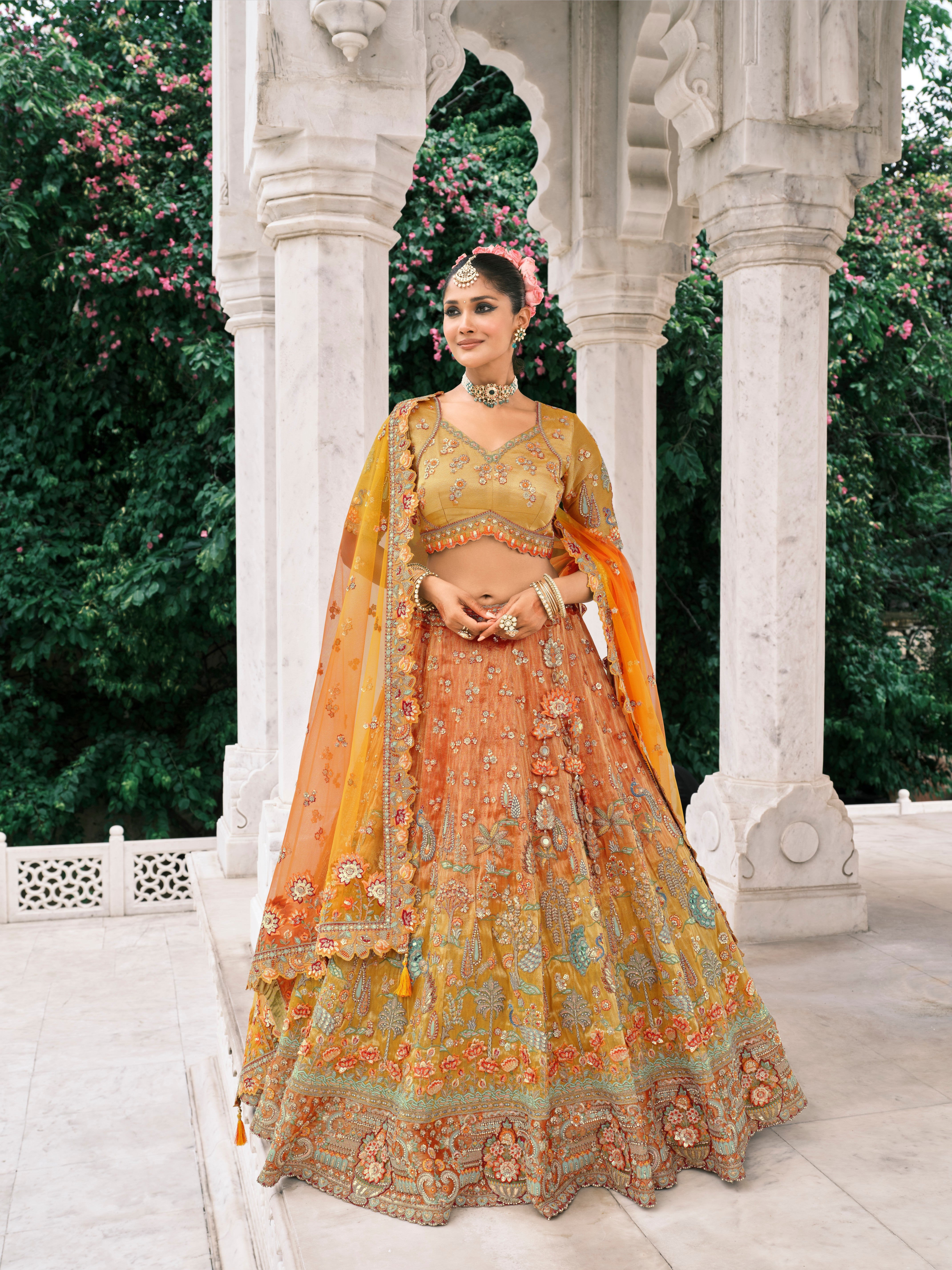 Orange Gold Silk Embroidery Designer Lehanga