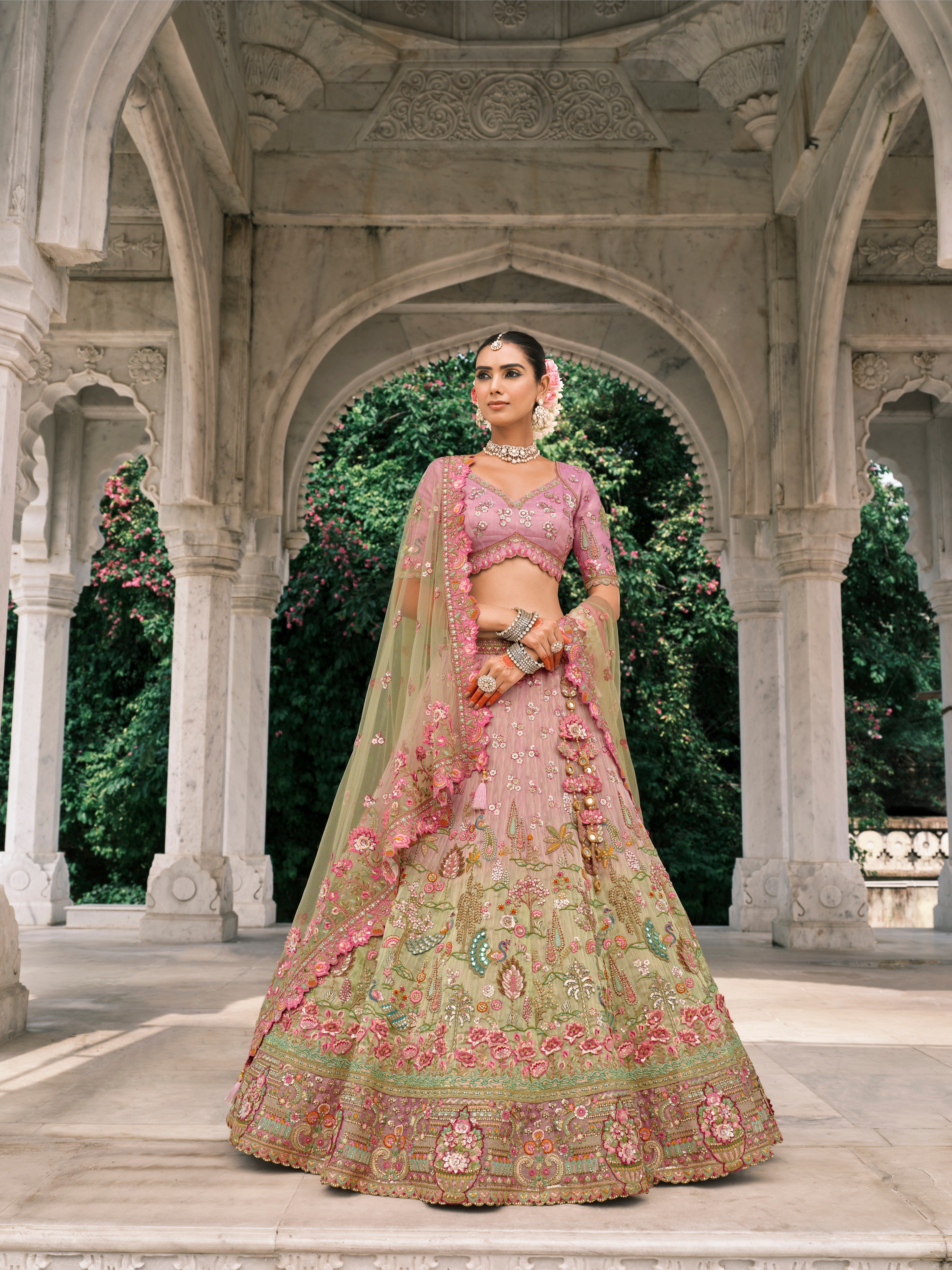 Pink Green Silk  Embroidery Designer Lehanga