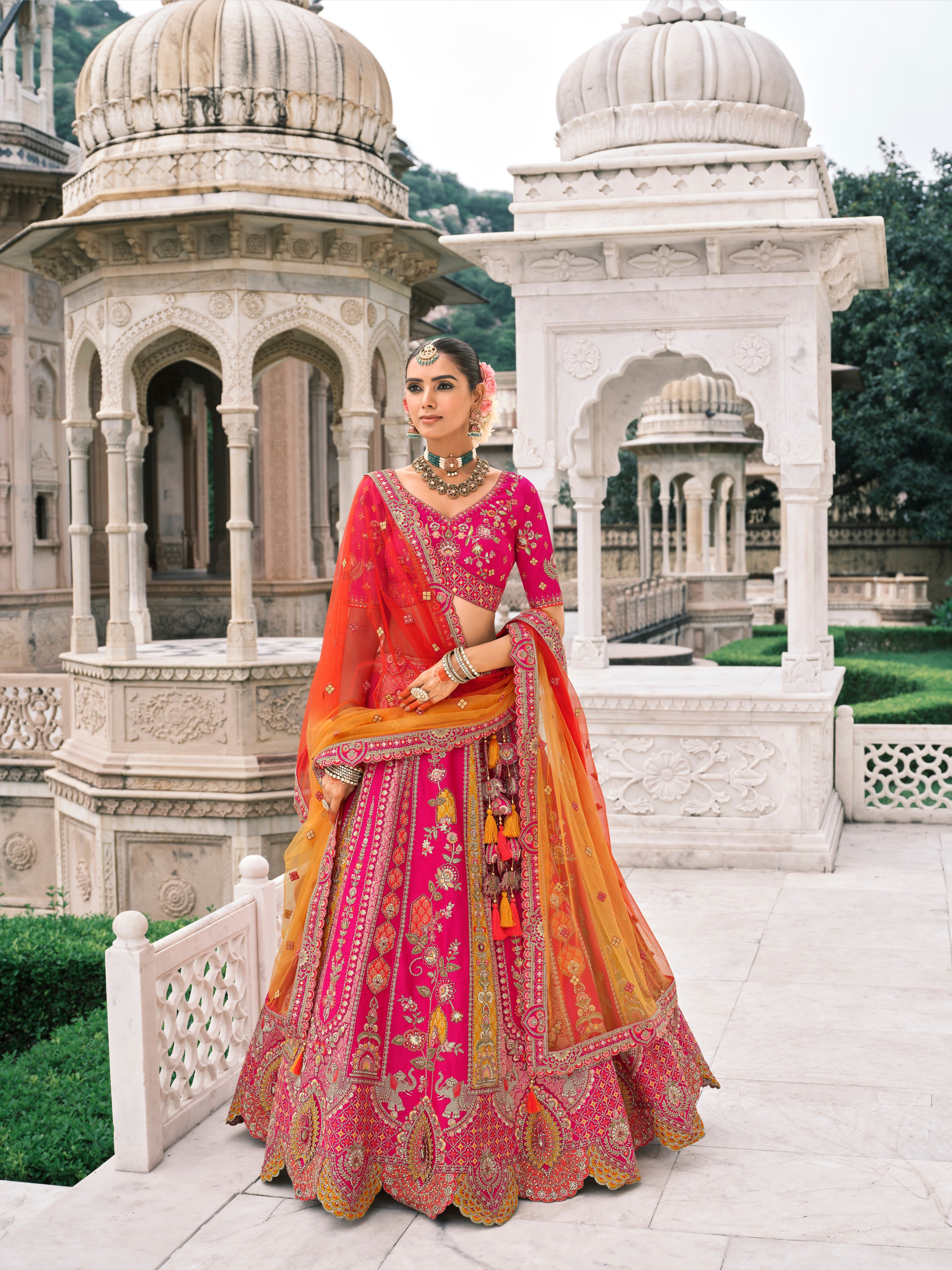 Pink Oange Silk Embroidery Designer Lehanga