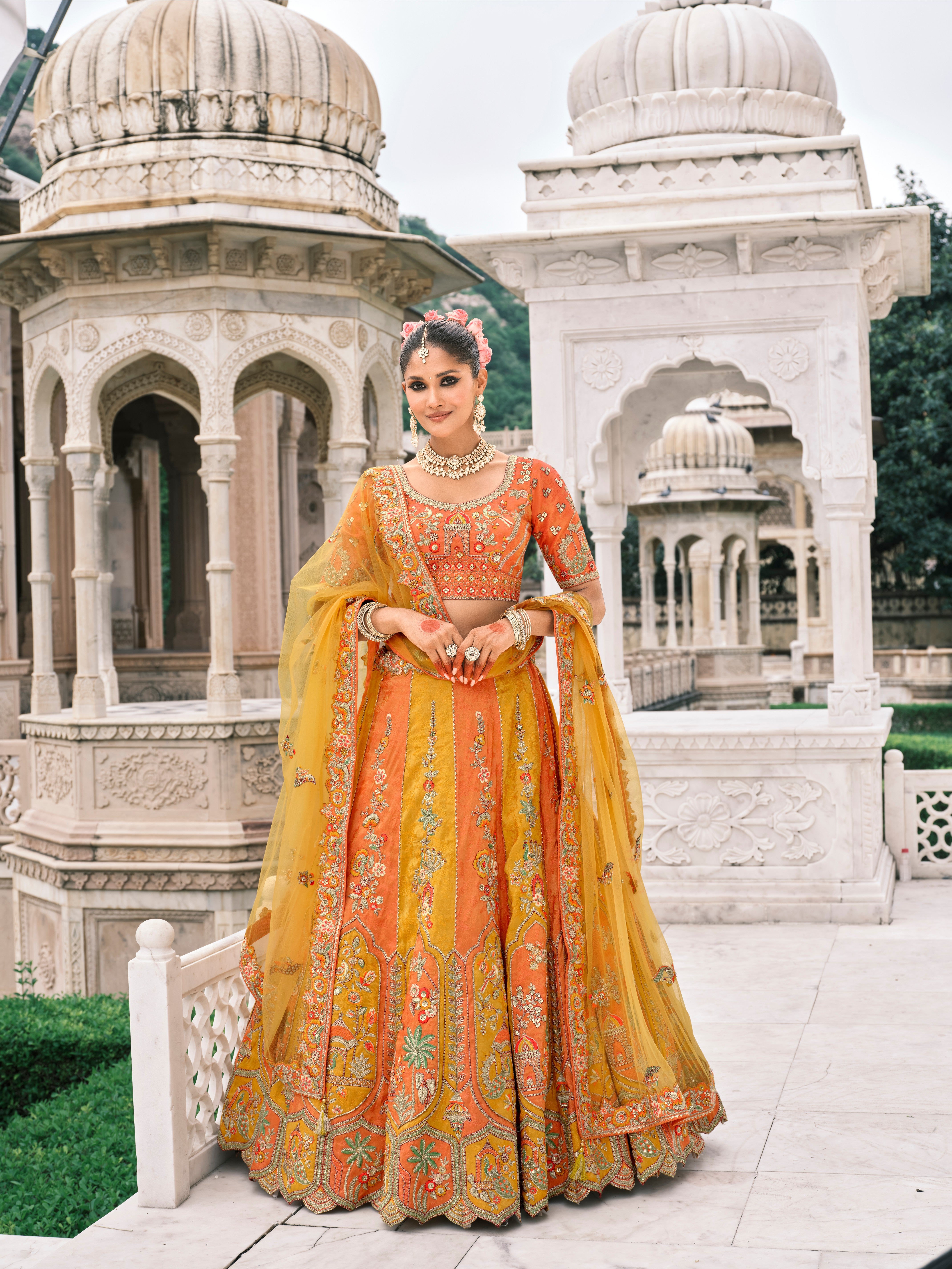 Yellow Oange Silk Embroidery Designer Lehanga