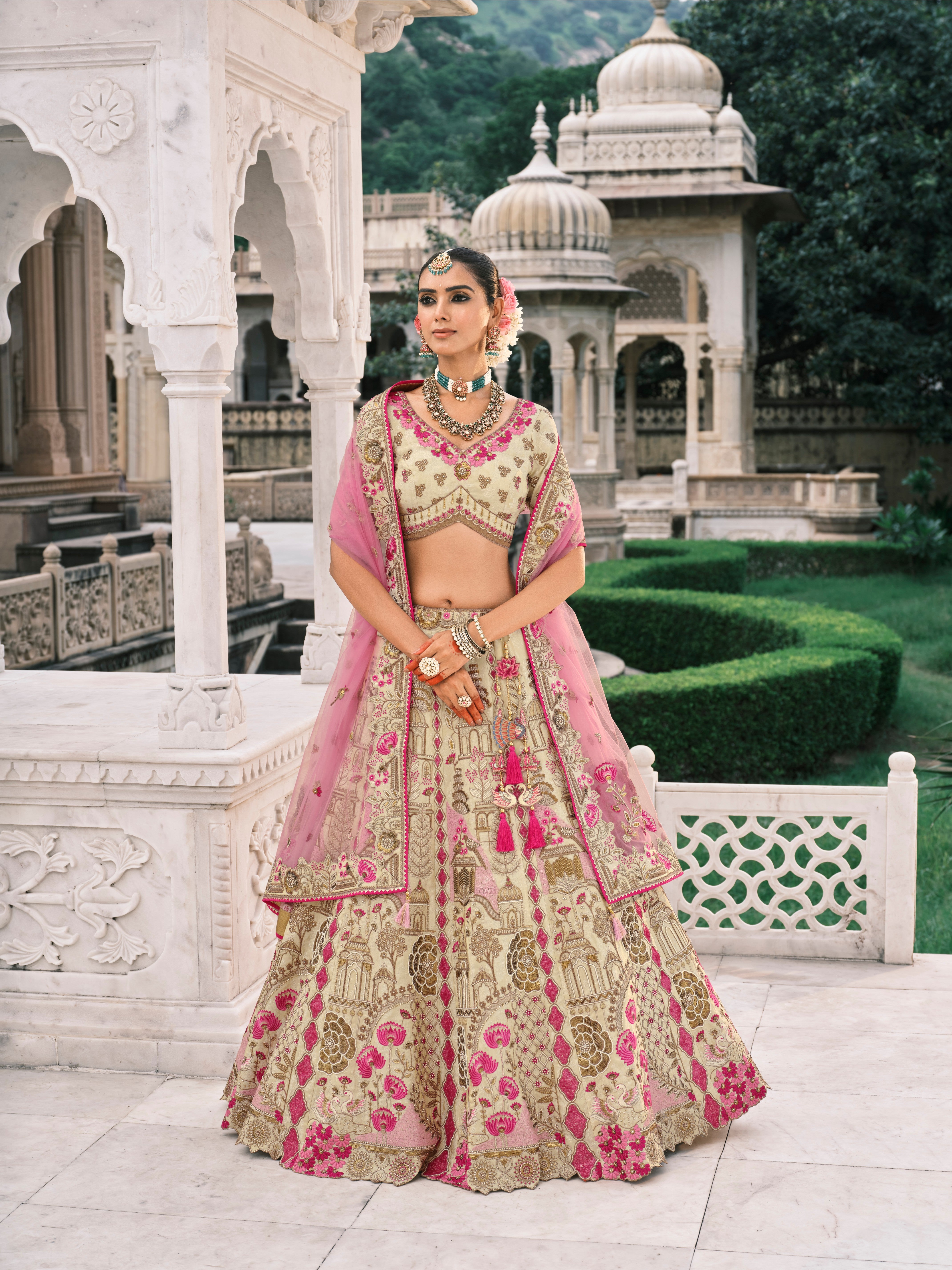 Beige Pink Silk Embroidery Designer Lehanga