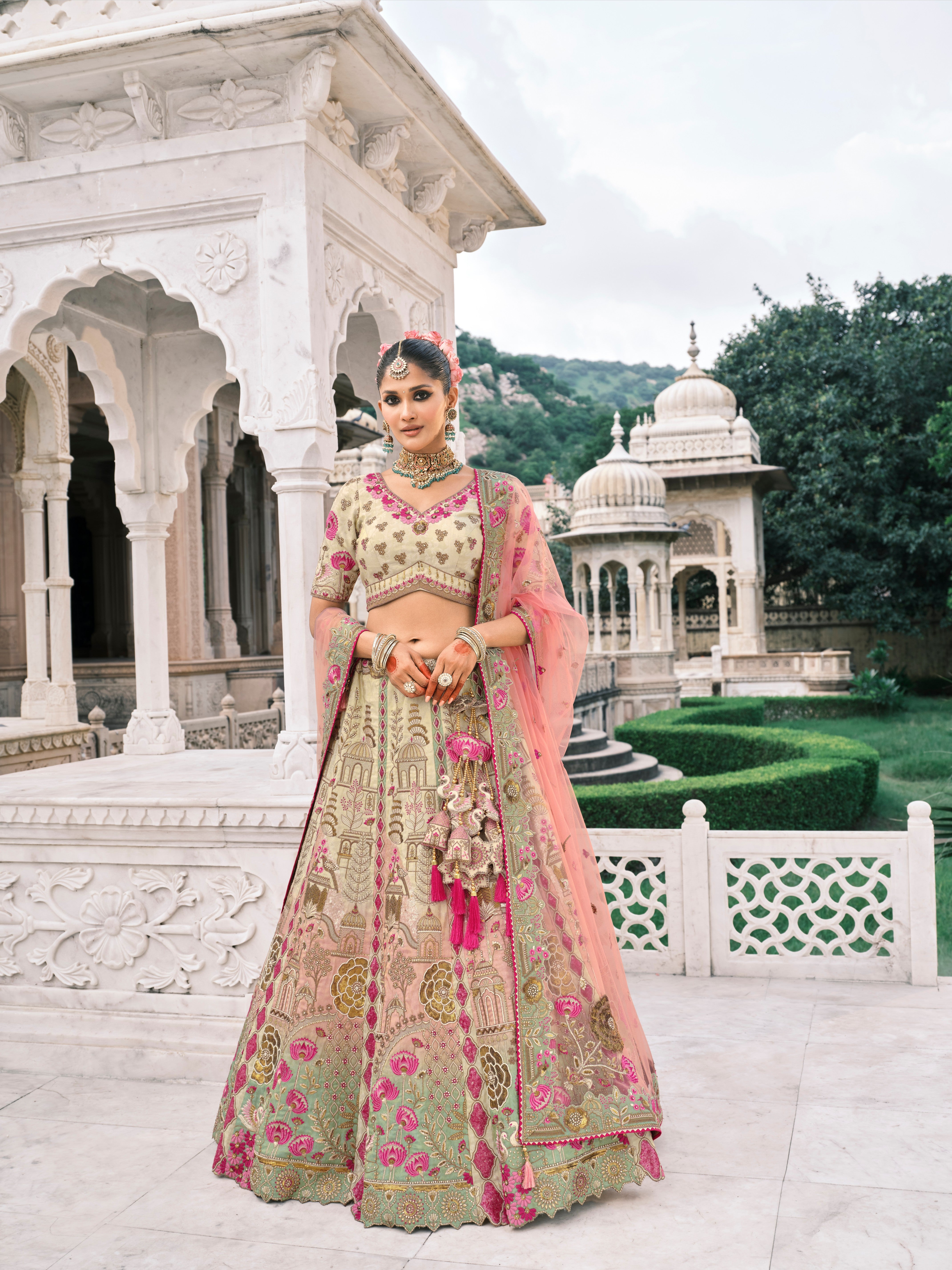 Cream Green Silk Embroidery Designer Lehanga