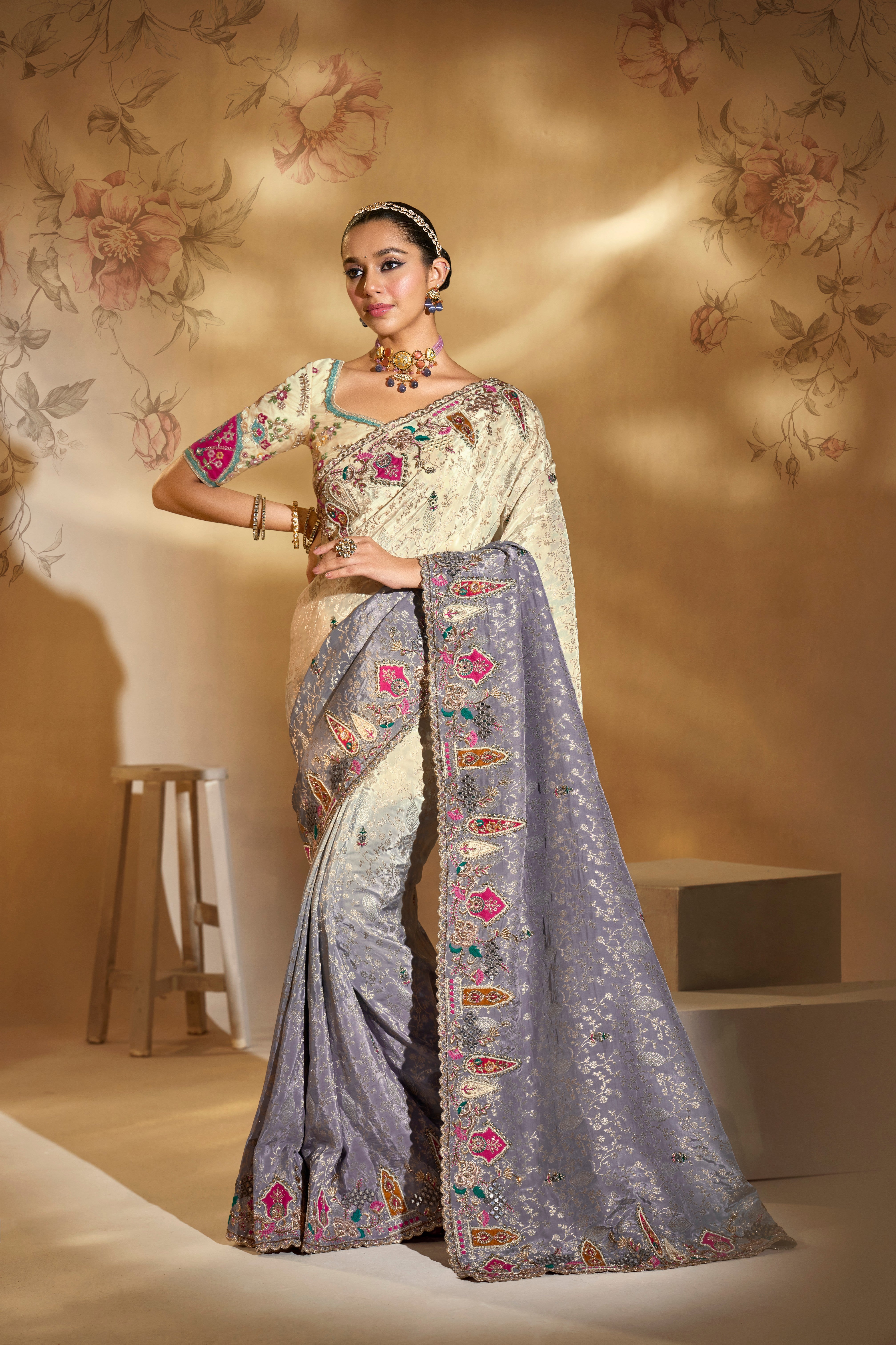 Cream Grey Pure Crape Handwork Saree
