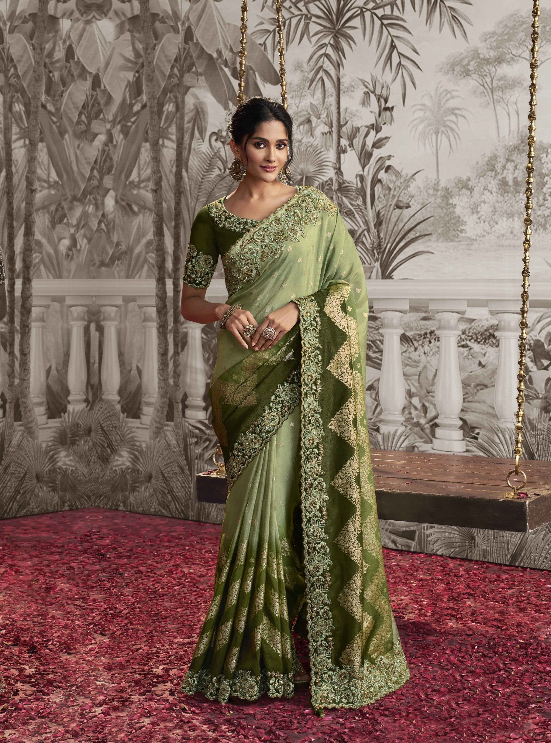 Olive Green Soft Fancy Zari Embroidered Saree