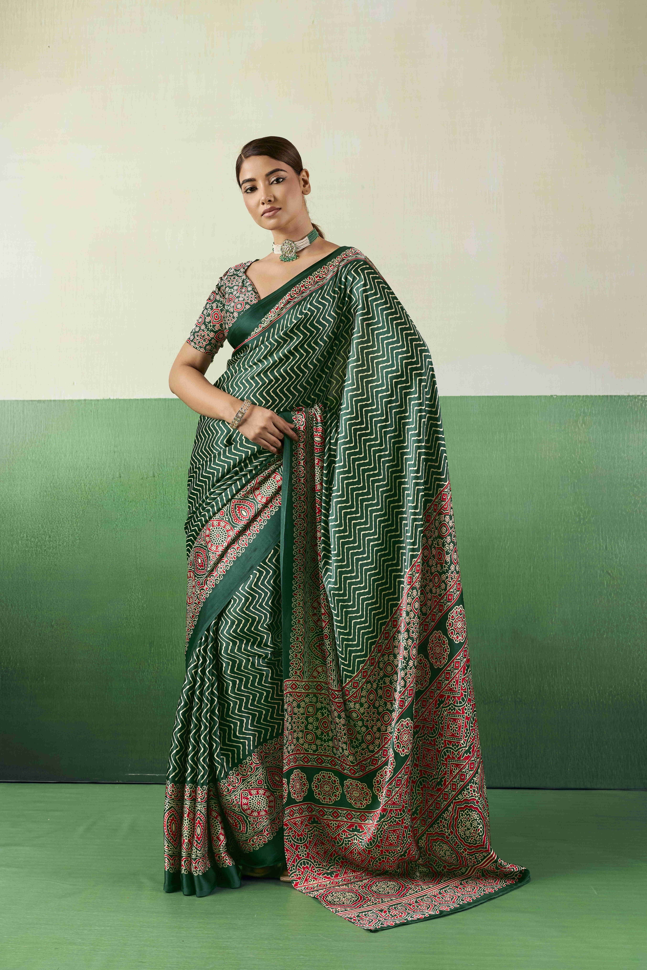 Green Modal Satin Ajrakh Print Saree