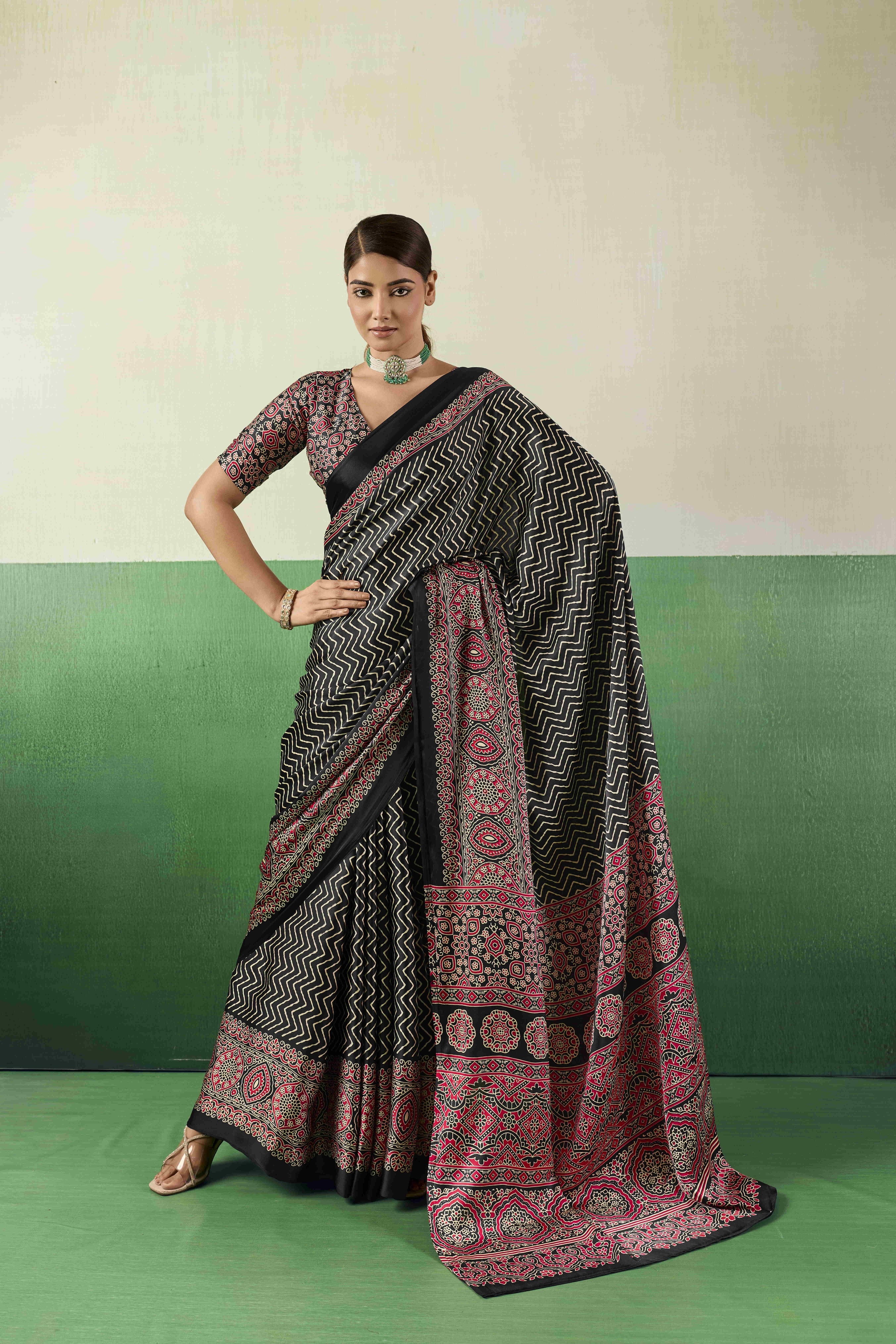 Black Modal Satin Ajrakh Print Saree