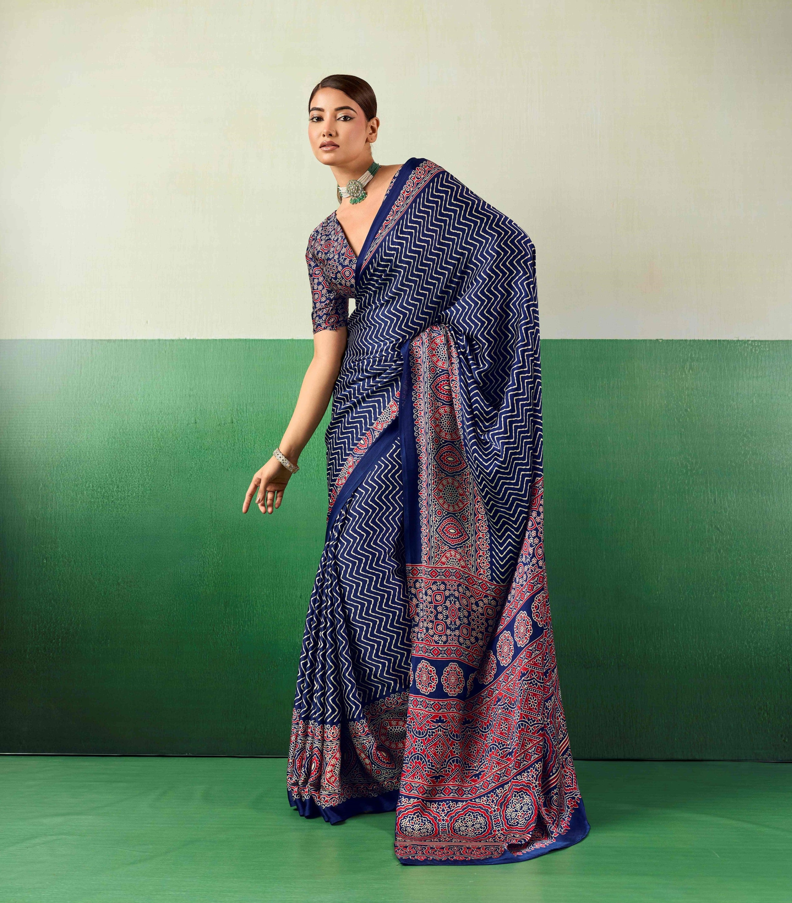 Blue Modal Satin Ajrakh Print Saree