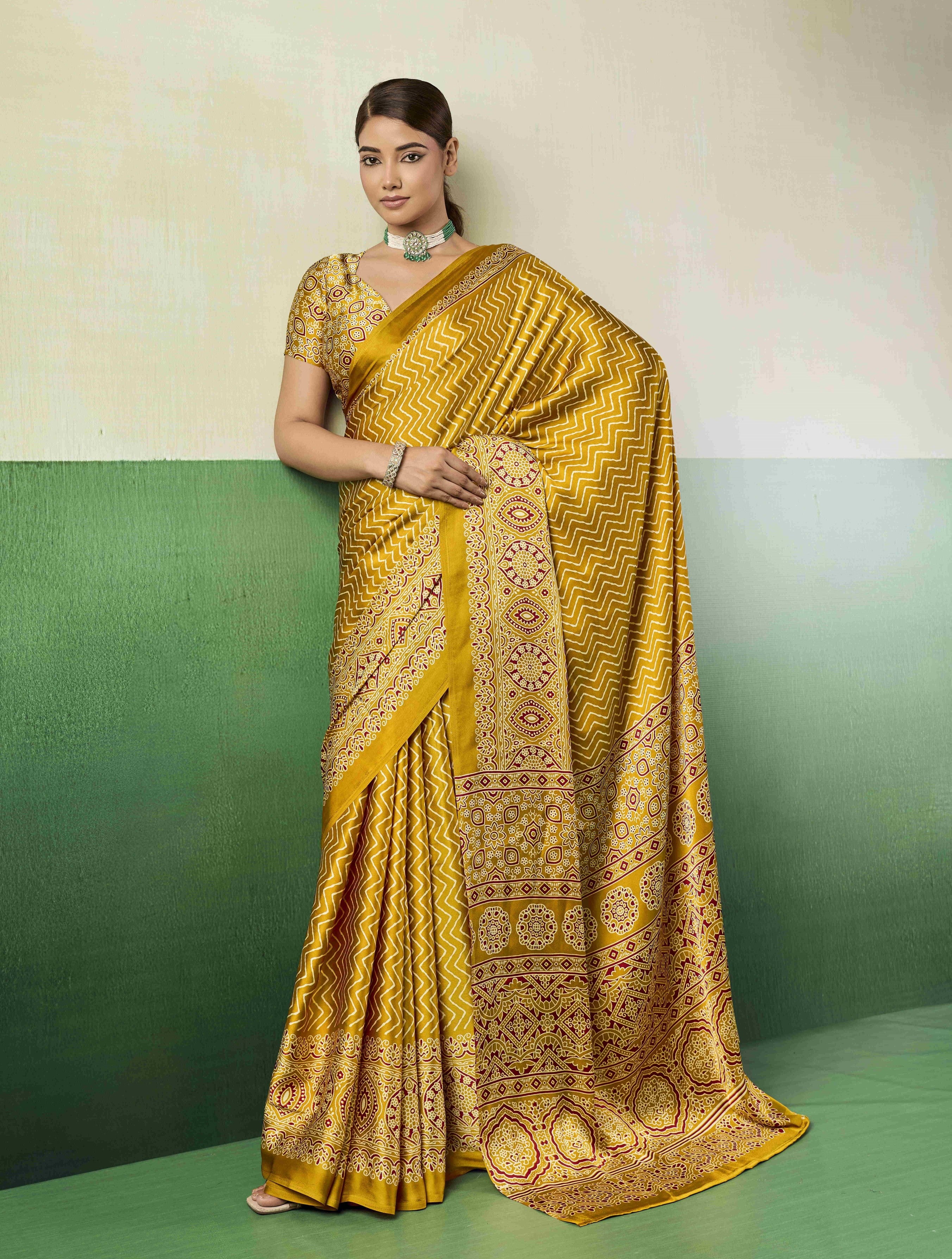 Yellow Modal Satin Ajrakh Print Saree