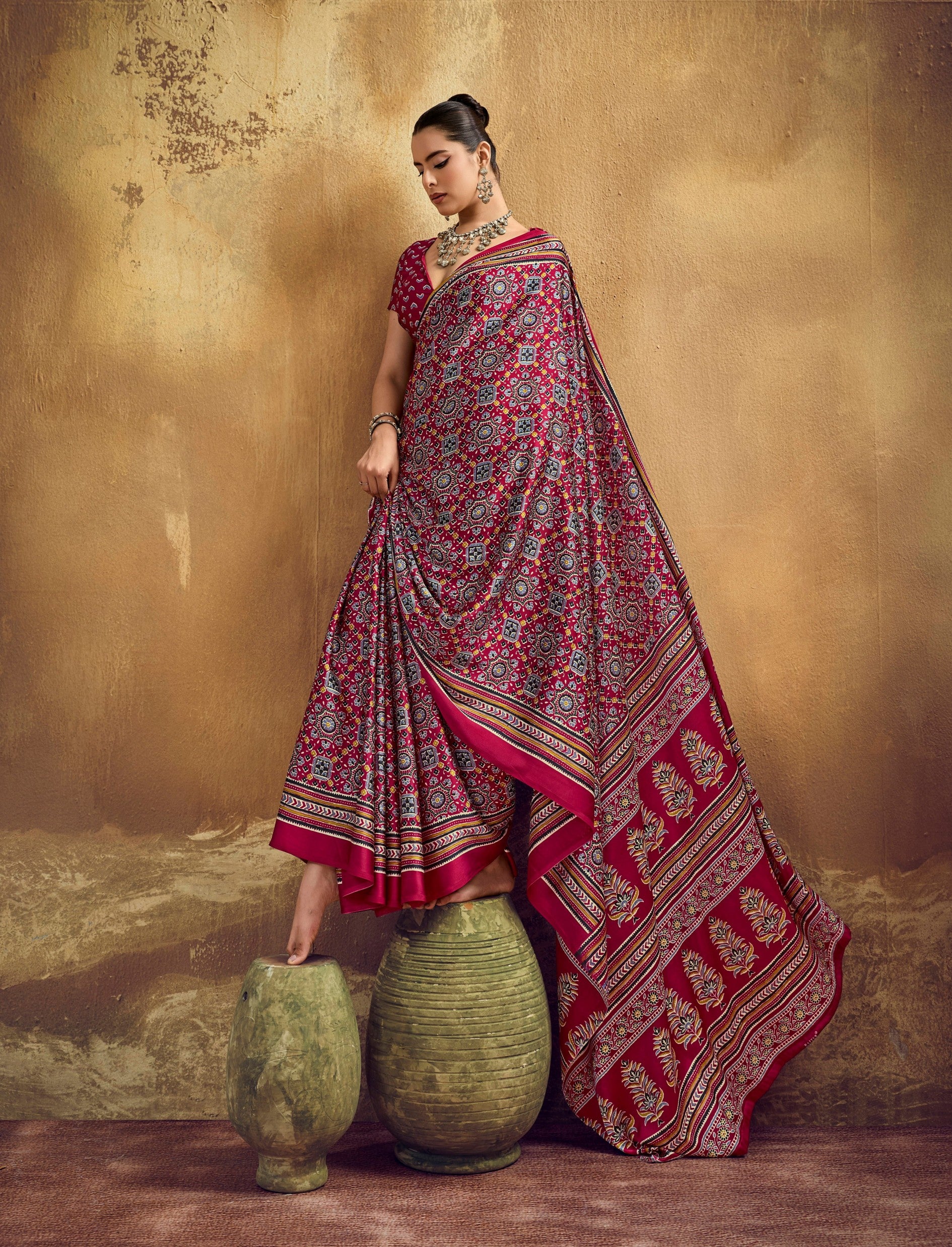Red Modal Satin Ajrakh Print Saree