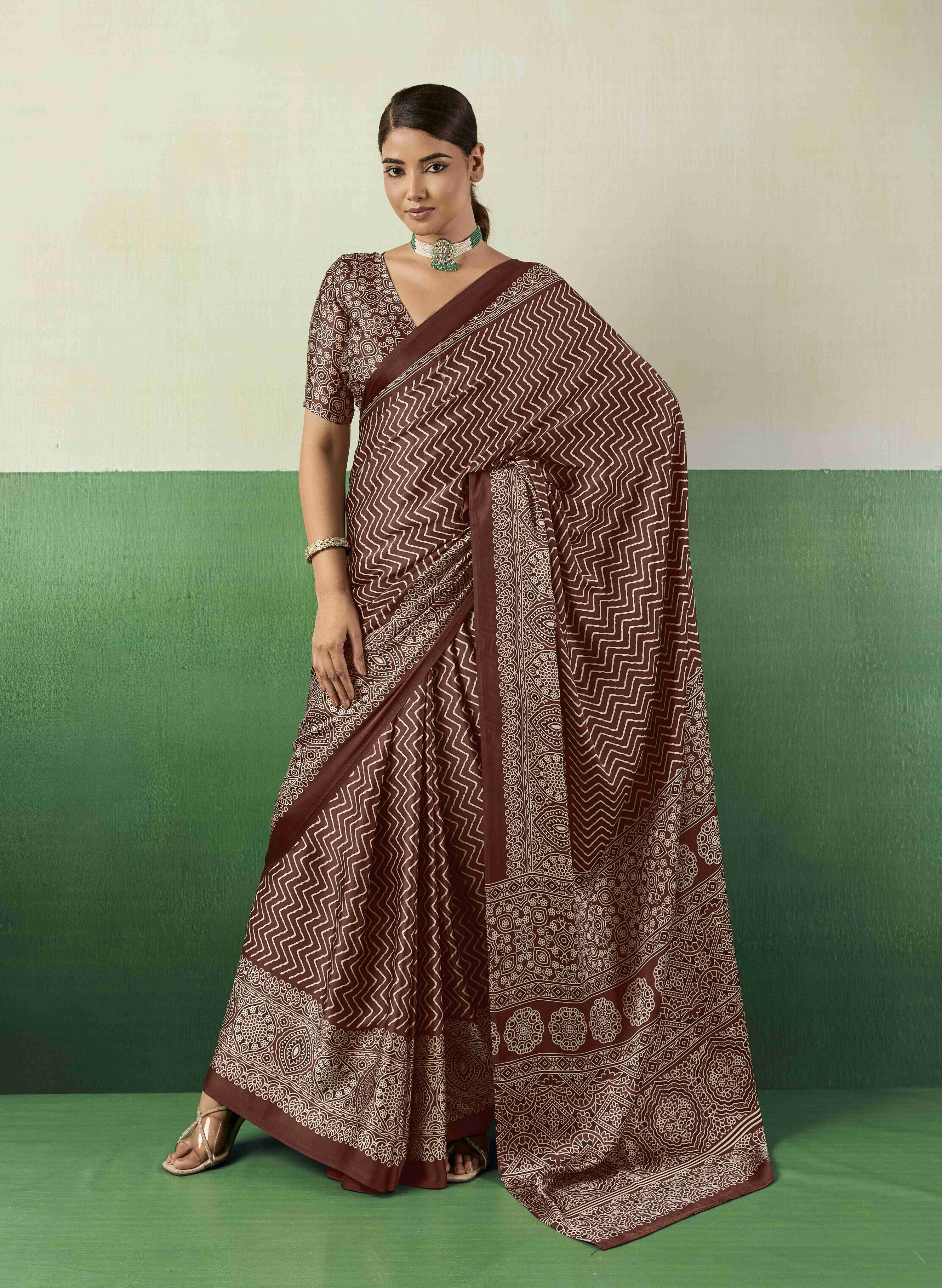 Brown Modal Satin Ajrakh Print Saree