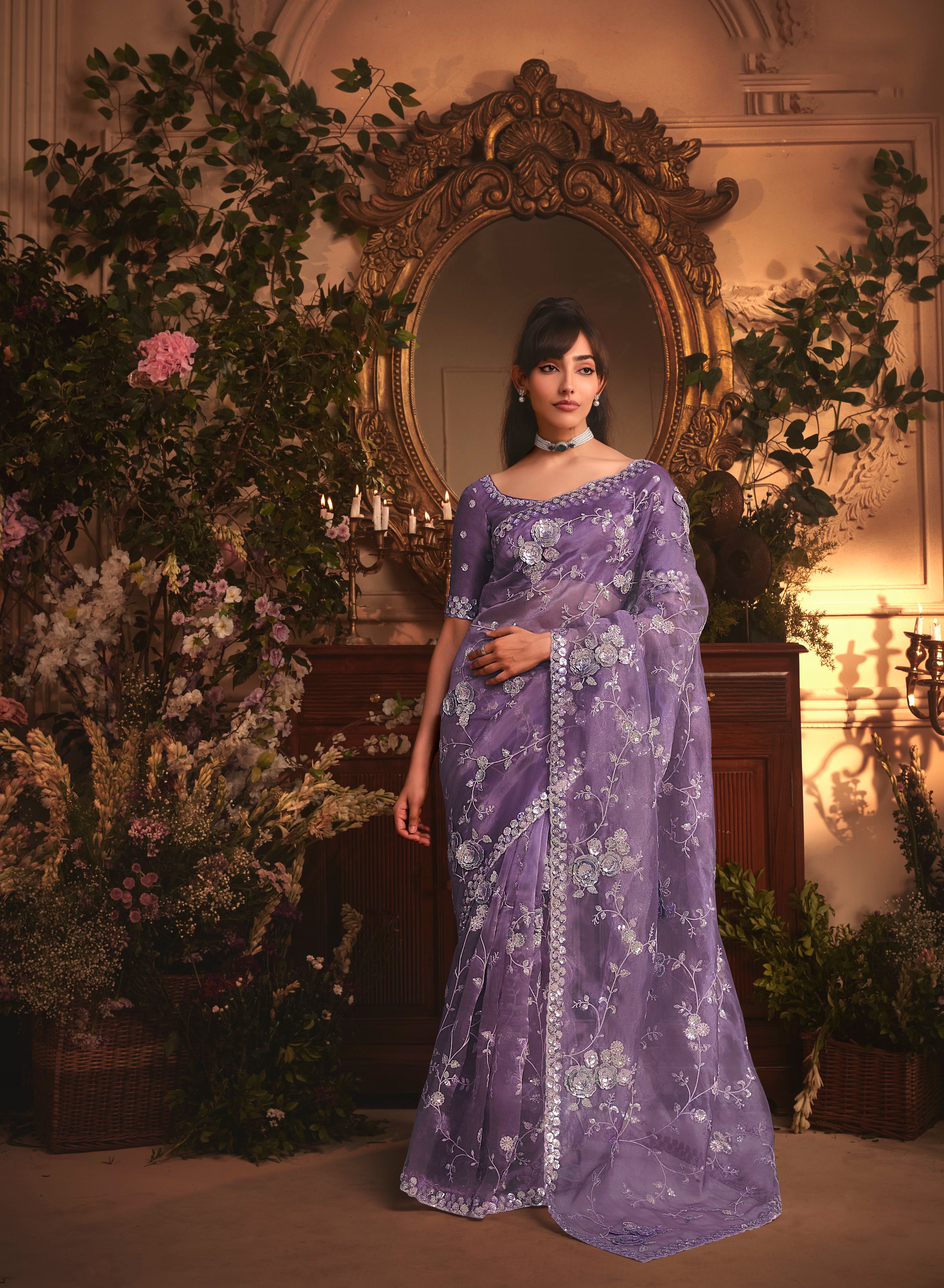 Lavender Tissue Organza Embroidered Saree