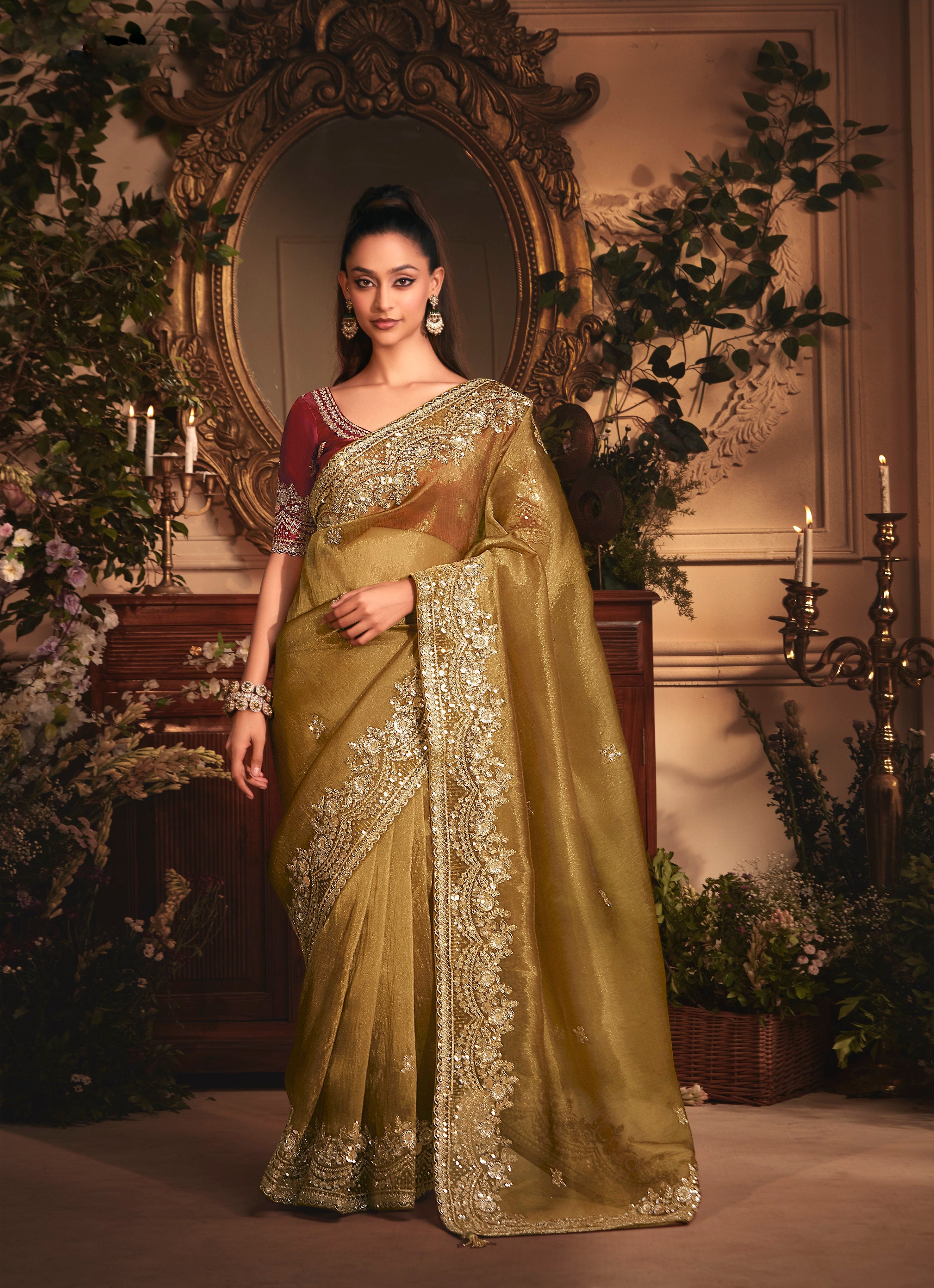 Olive Green Tissue Organza Embroidered Saree