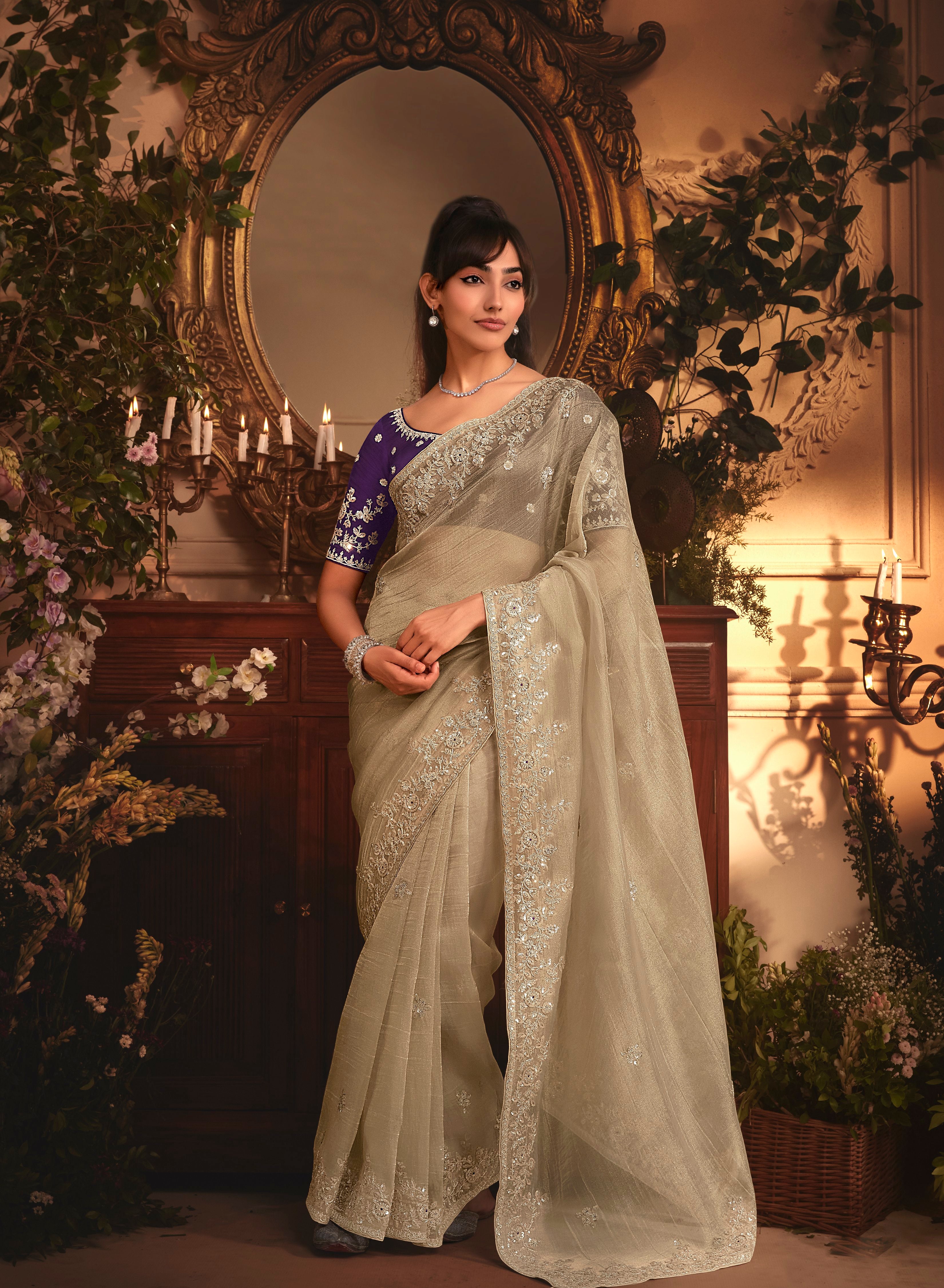 Grey Tissue Organza Embroidered Saree